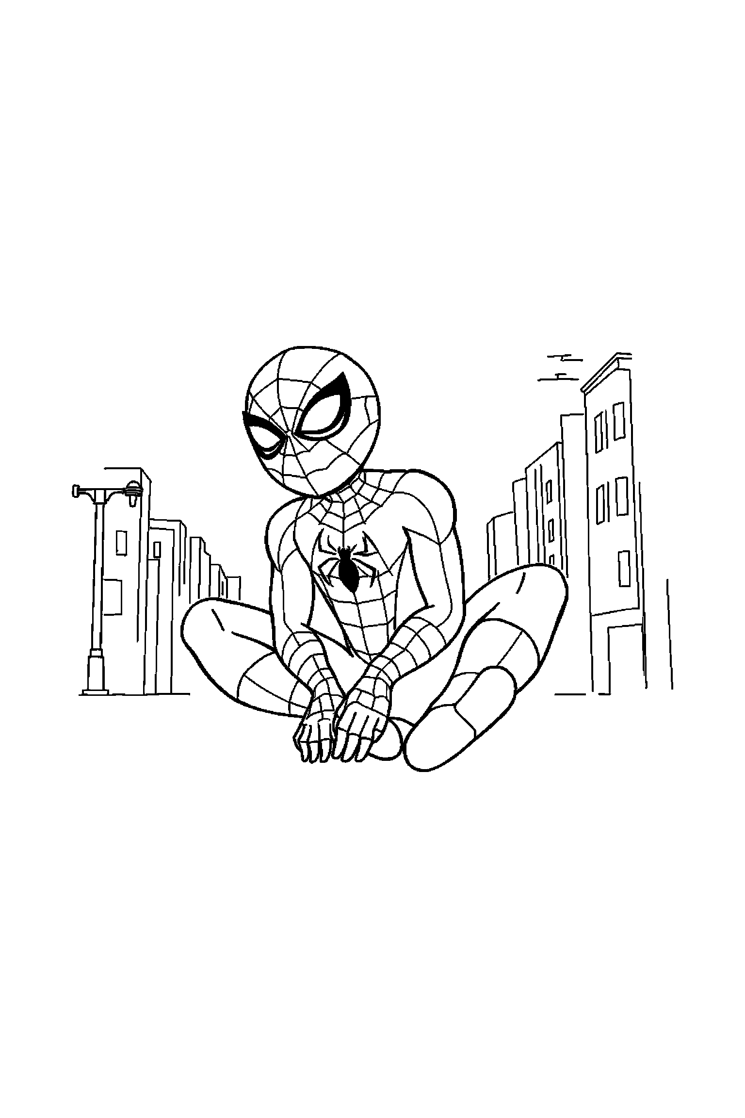 Coloriage Spider-Man gratuit à imprimer : Spider-Man assis qui sourit de tout son cœur