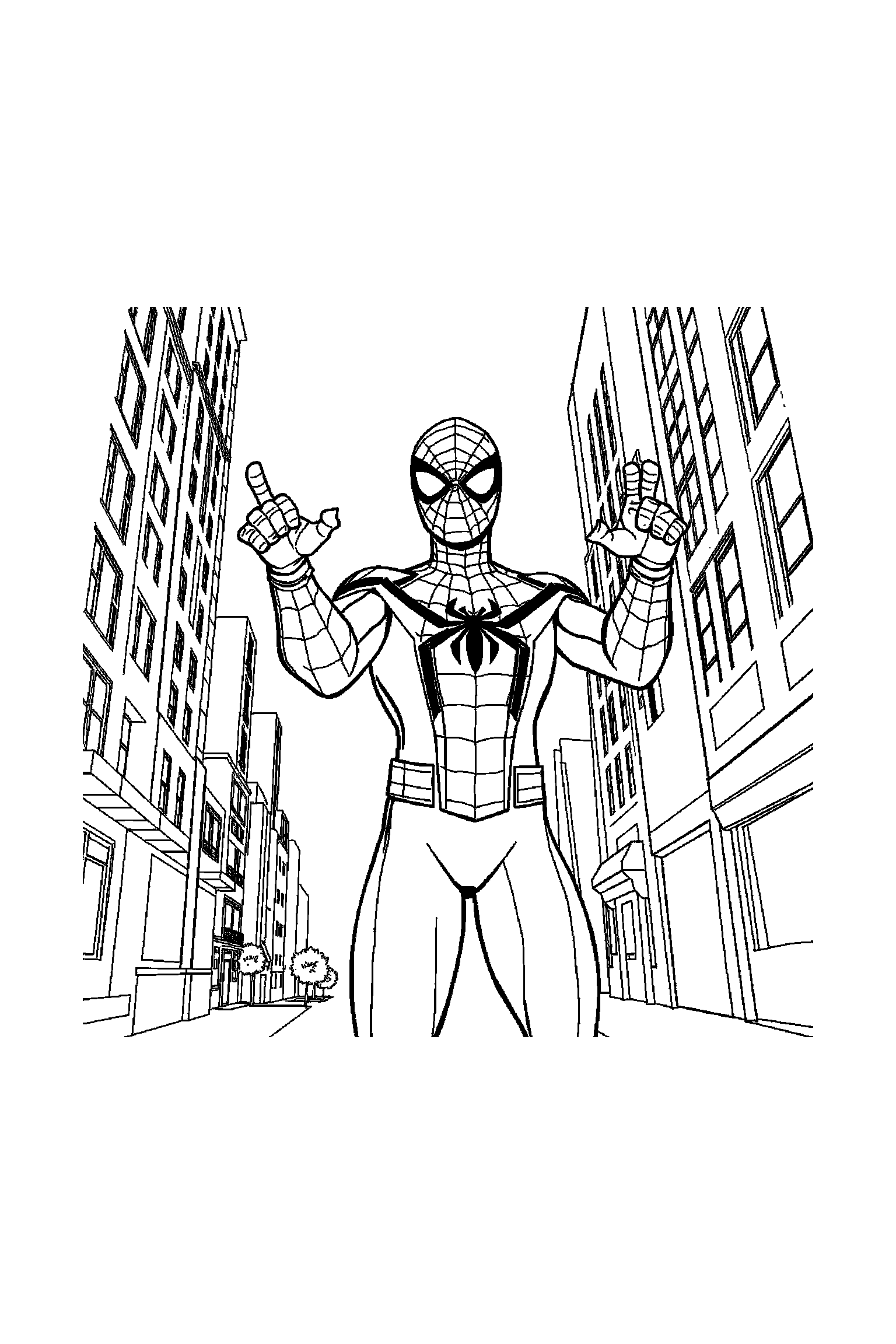 Coloriage Spider-Man gratuit à imprimer : Miles Morales debout avec les deux bras visibles et bien attachés au corps