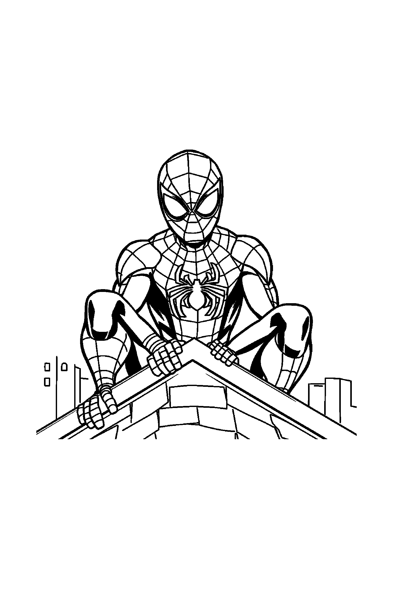 Coloriage Spider-Man gratuit à imprimer : Spider-Man masqué assis sur un toit simple