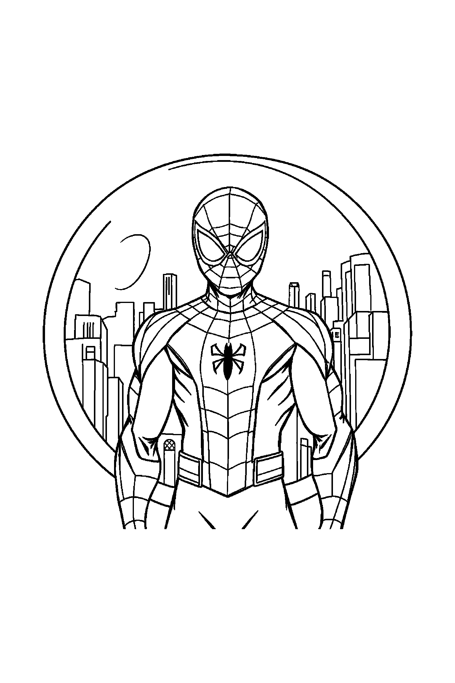 Coloriage Spider-Man gratuit à imprimer : Spider-Man masqué devant une toile ronde