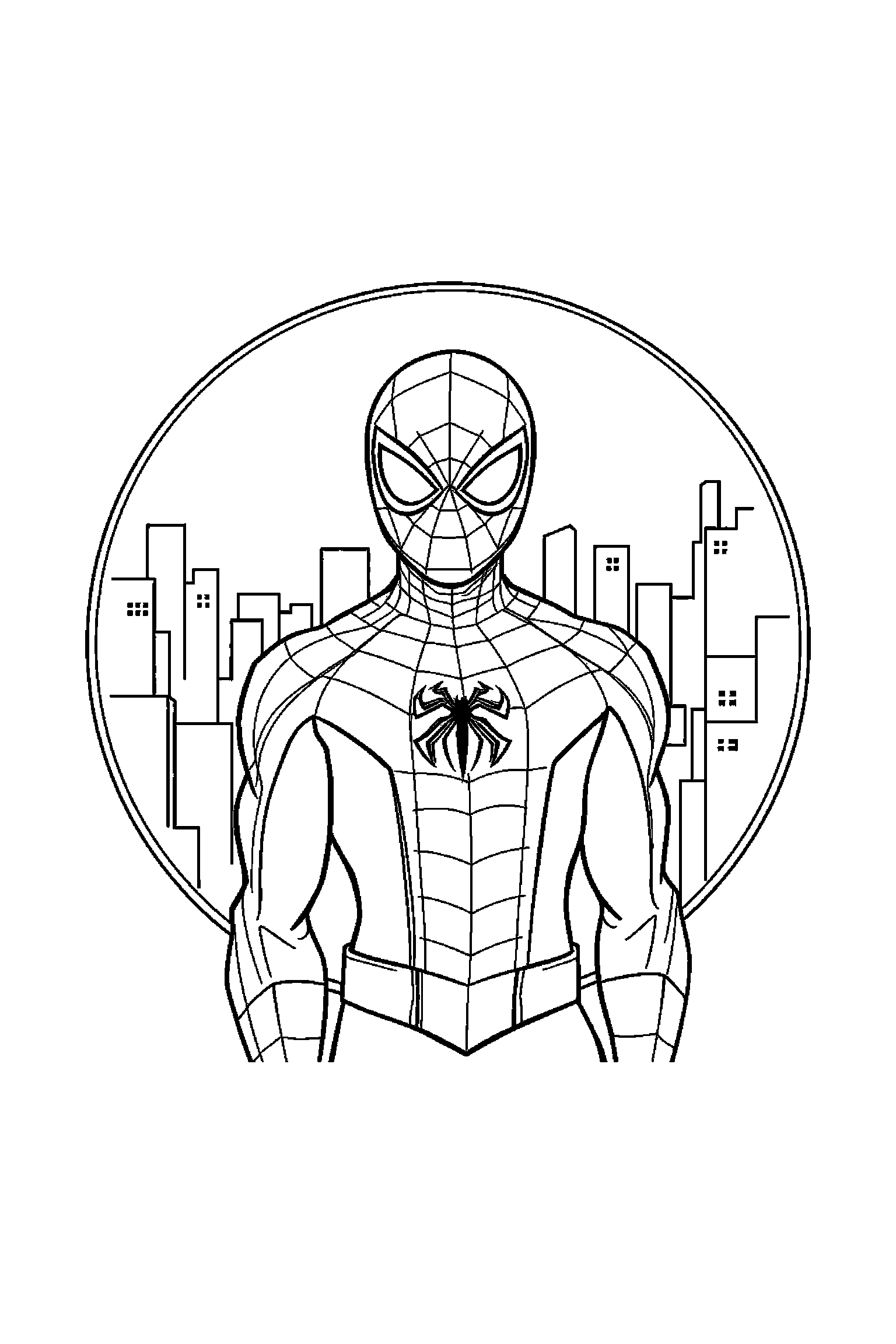 Coloriage Spider-Man gratuit à imprimer : Spider-Man masqué devant une toile ronde