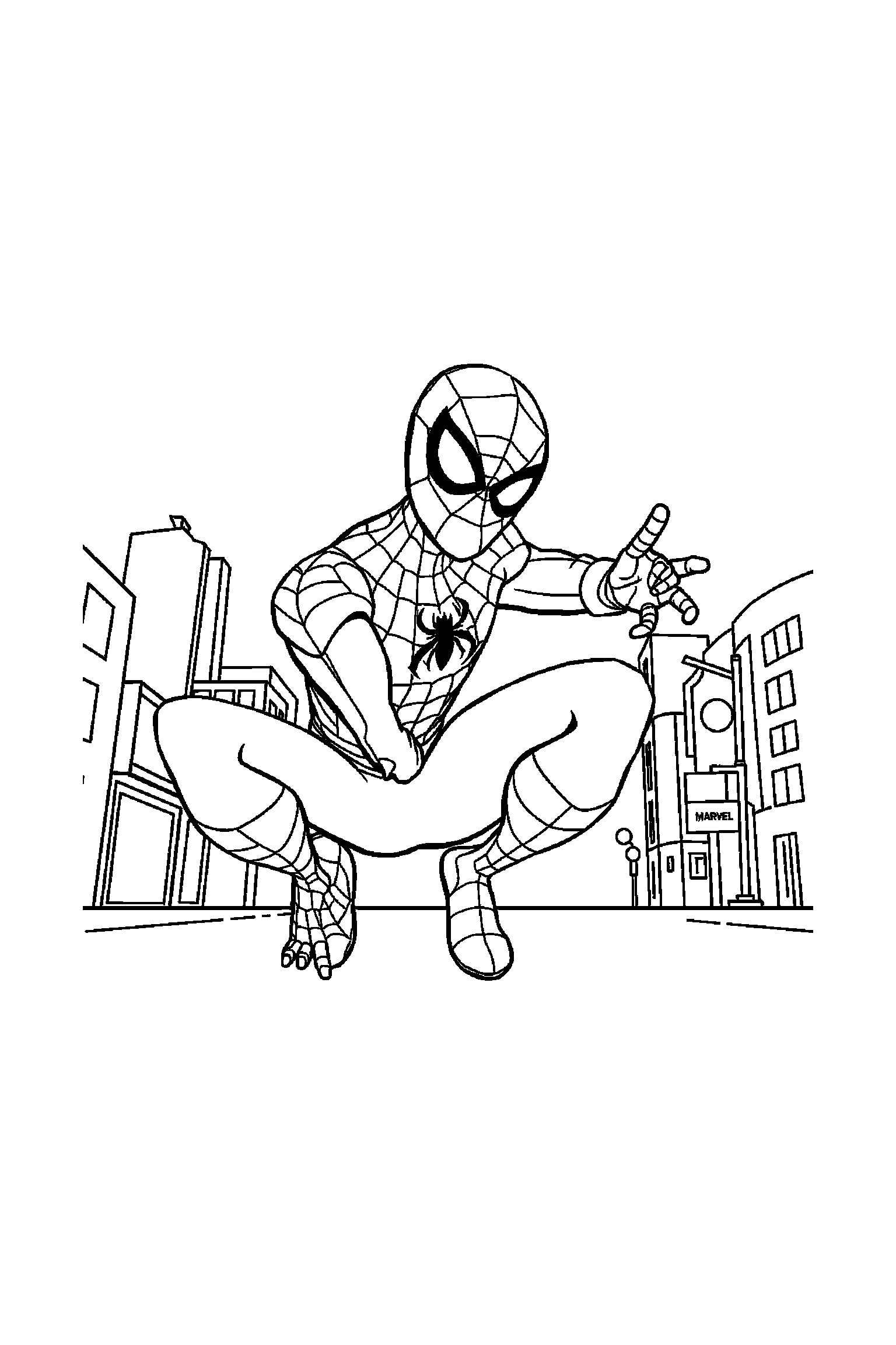 Coloriage Spider-Man gratuit à imprimer : un héros masqué avec un décor très simple