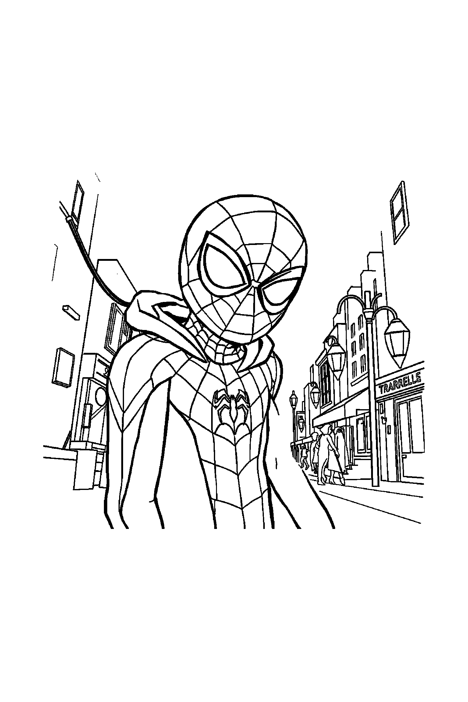 Coloriage Spider-Man gratuit à imprimer : Miles Morales avec un masque et des motifs lignes de ville