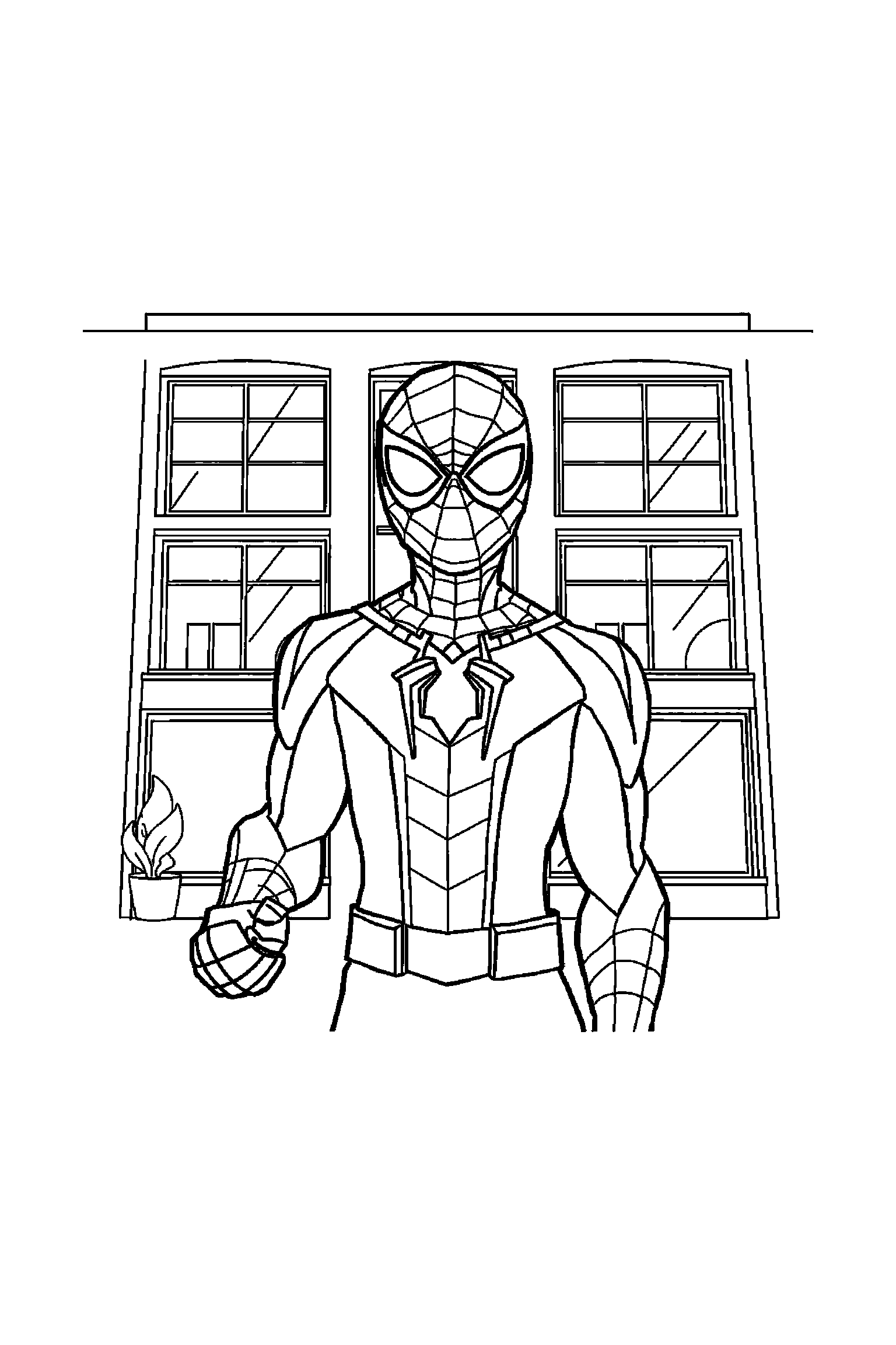 Coloriage Spider-Man gratuit à imprimer : Miles Morales masqué devant une façade aux grandes fenêtres
