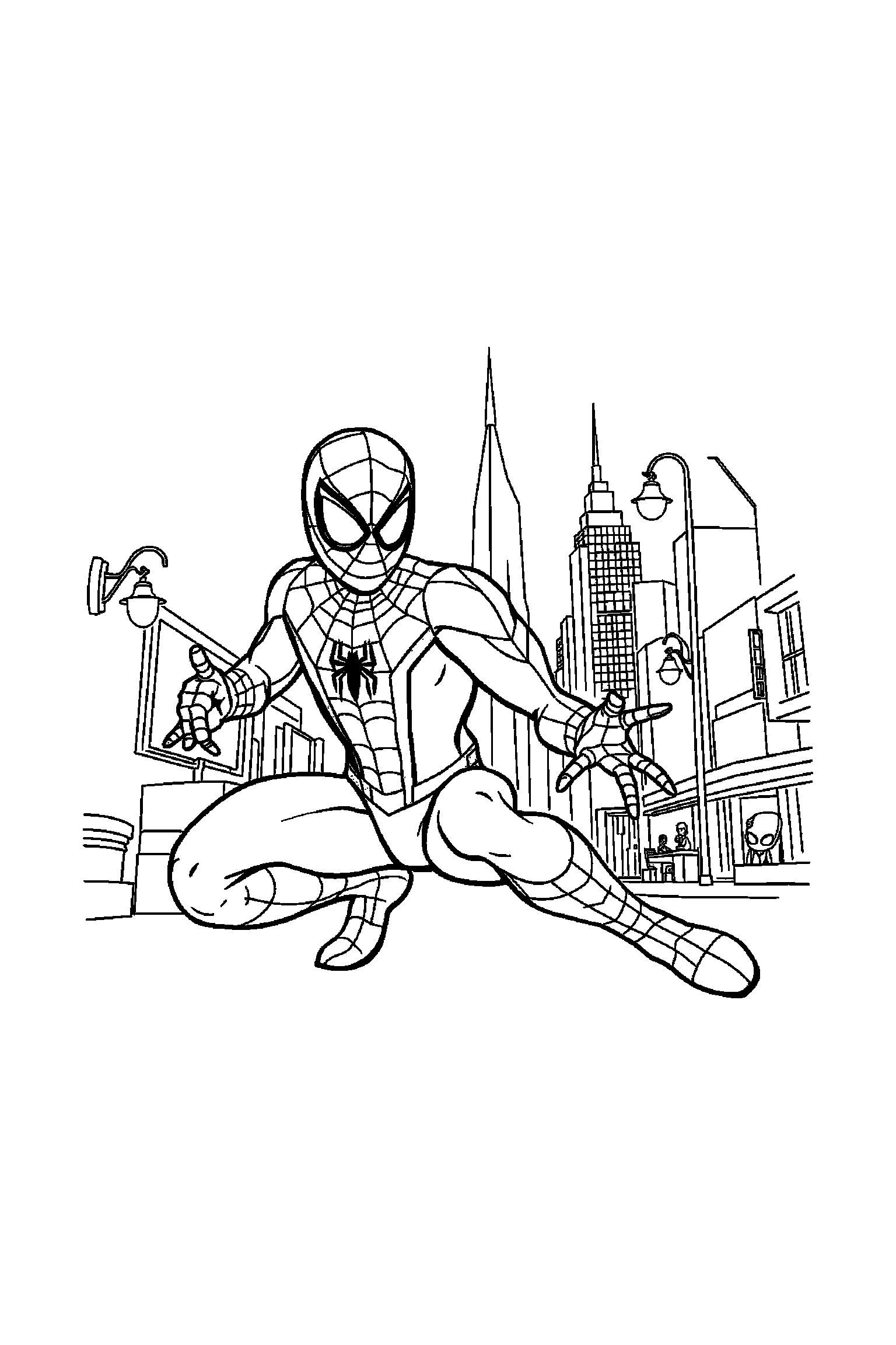 Coloriage Spider-Man gratuit à imprimer : un héros masqué avec un décor d'arrière-plan