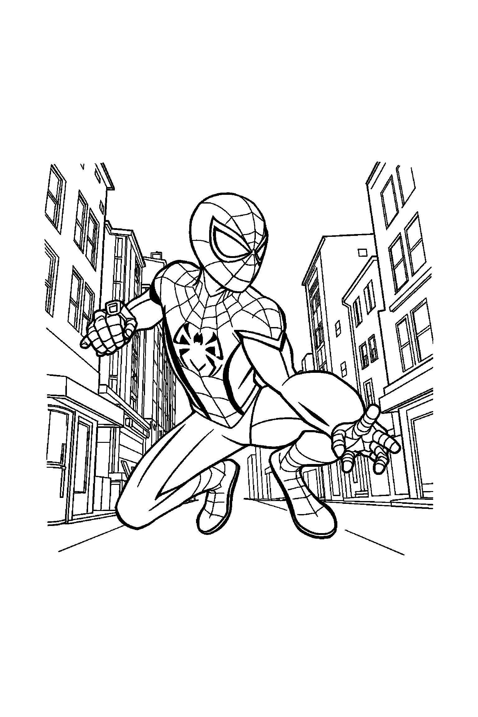 Coloriage Spider-Man gratuit à imprimer : un héros araignée masqué avec poings fermés et toile simple
