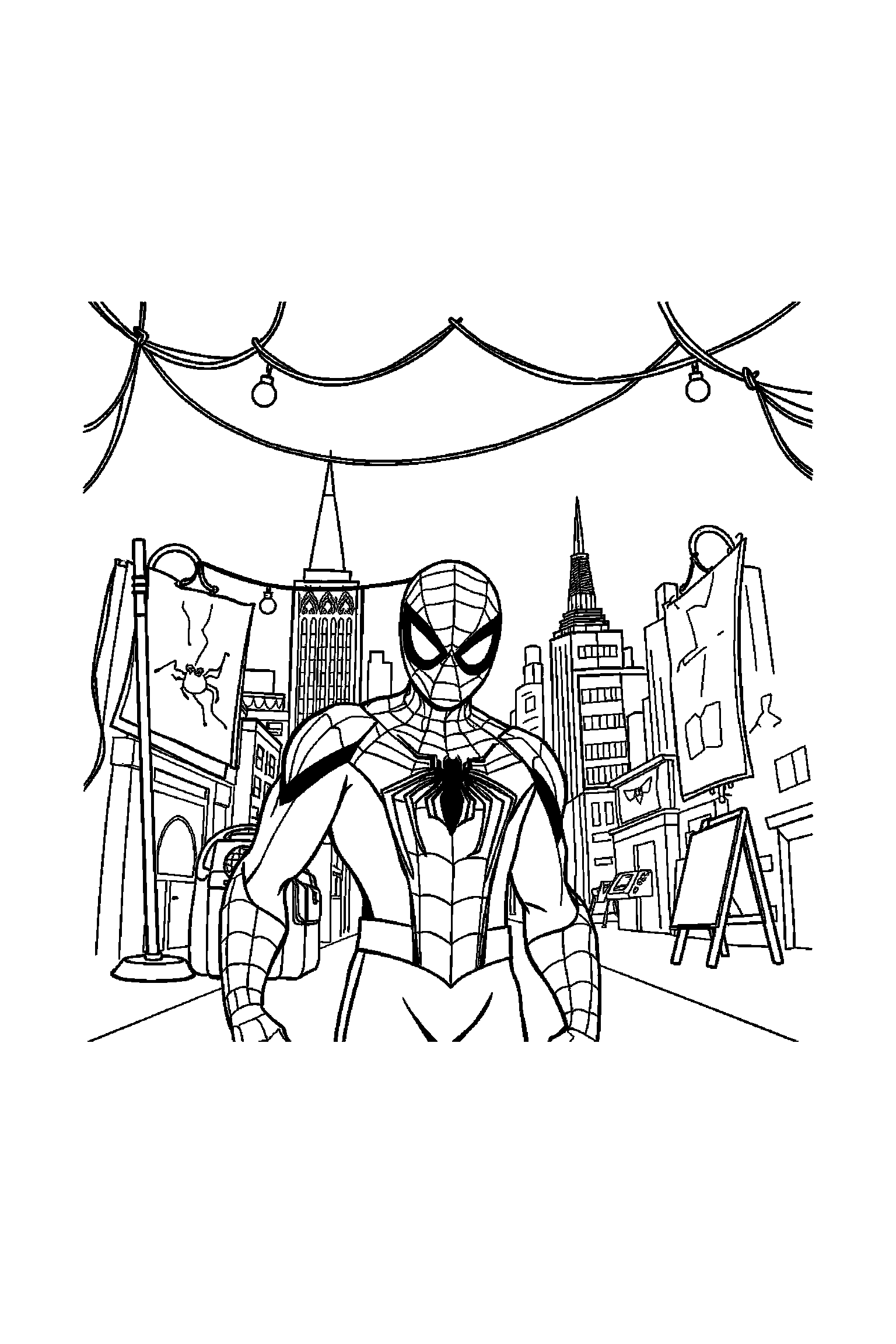 Coloriage Spider-Man gratuit à imprimer : Spider-Man devant un fond décoré avec toiles d'araignée