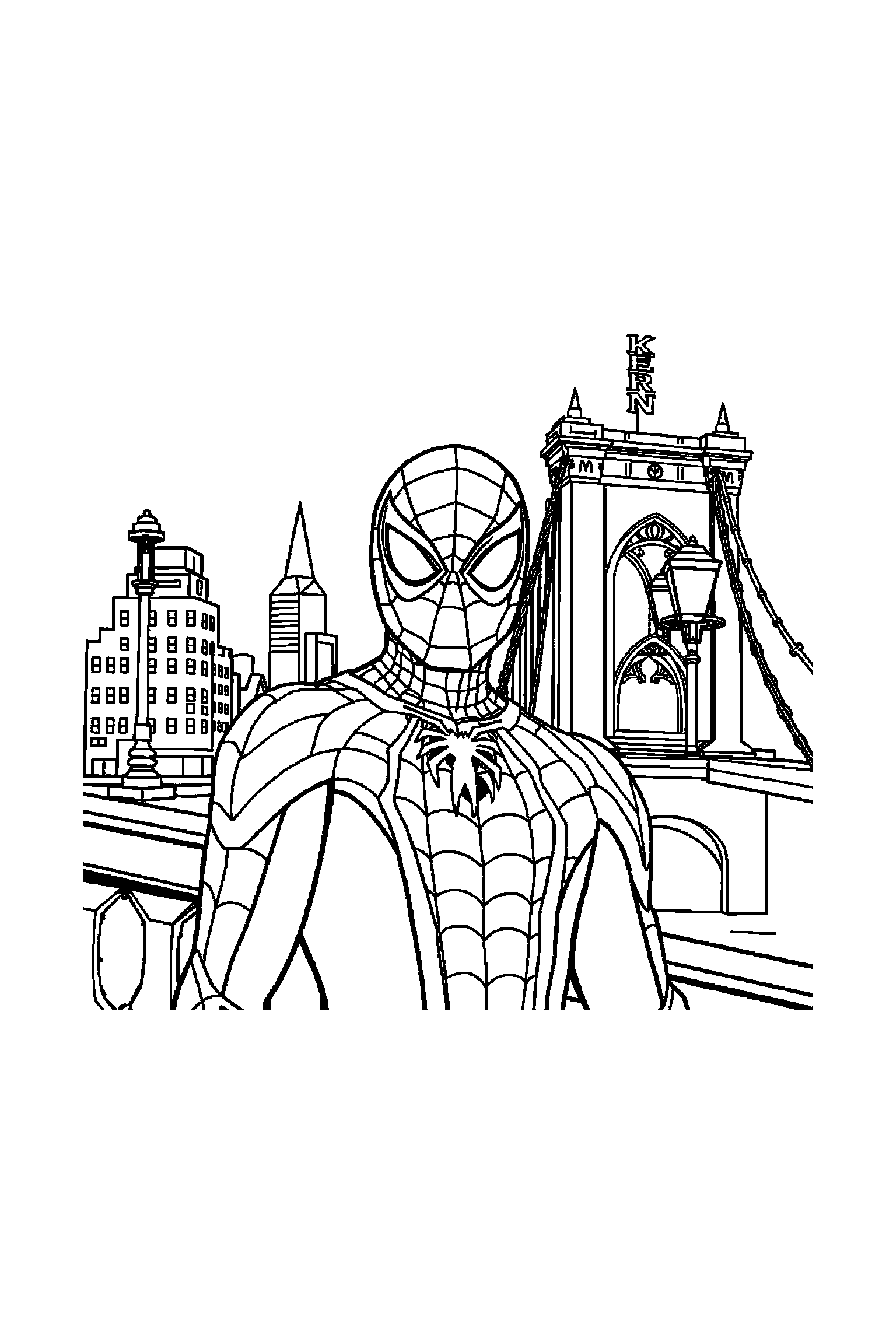 Coloriage Spider-Man gratuit à imprimer : Spider-Man masqué près d'un pont avec décor léger