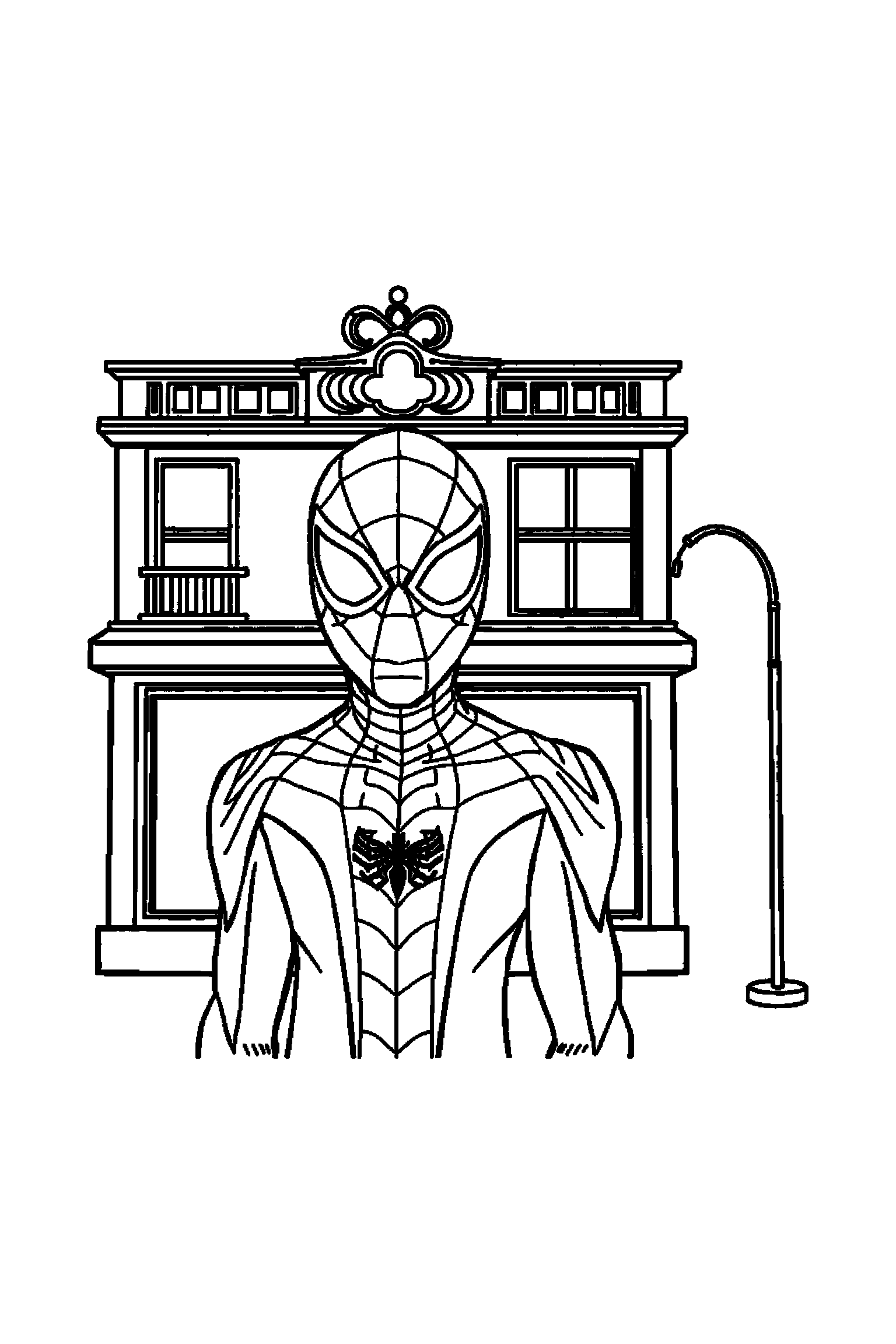 Coloriage Spider-Man gratuit à imprimer : Spider-Man masque seul devant une facade simple avec poings fermes
