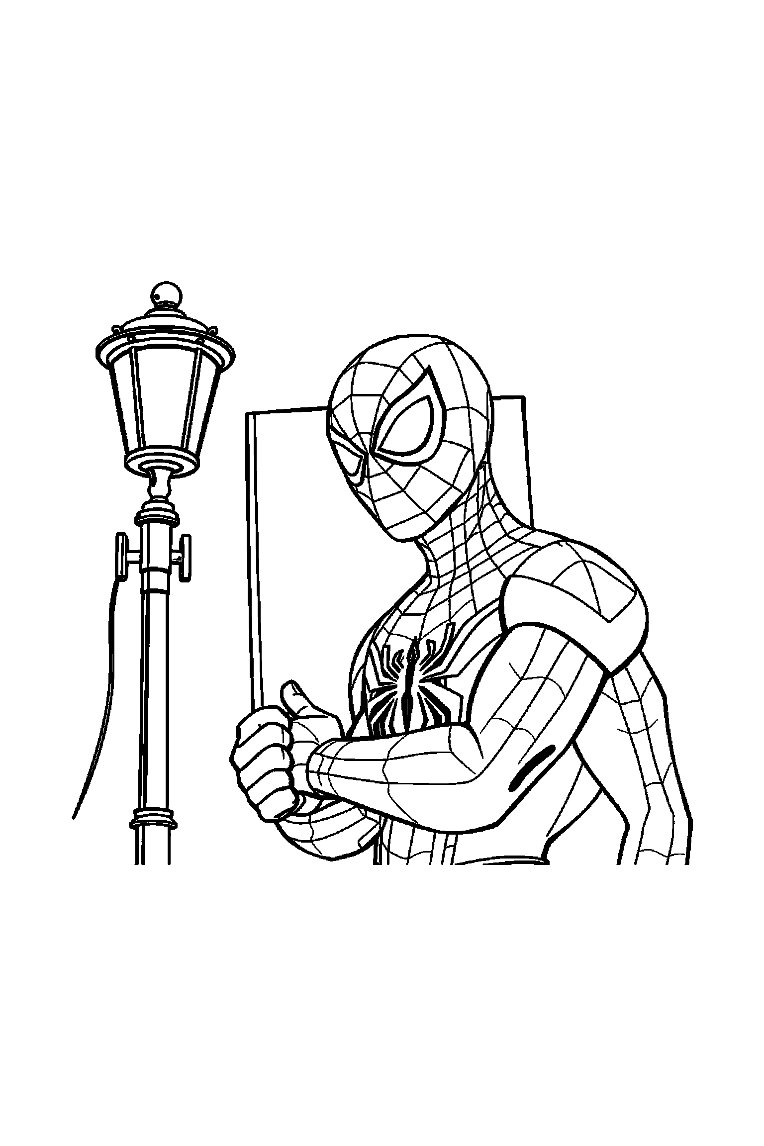 Coloriage Spider-Man gratuit à imprimer : Spider-Man masqué devant un lampadaire et une toile simple