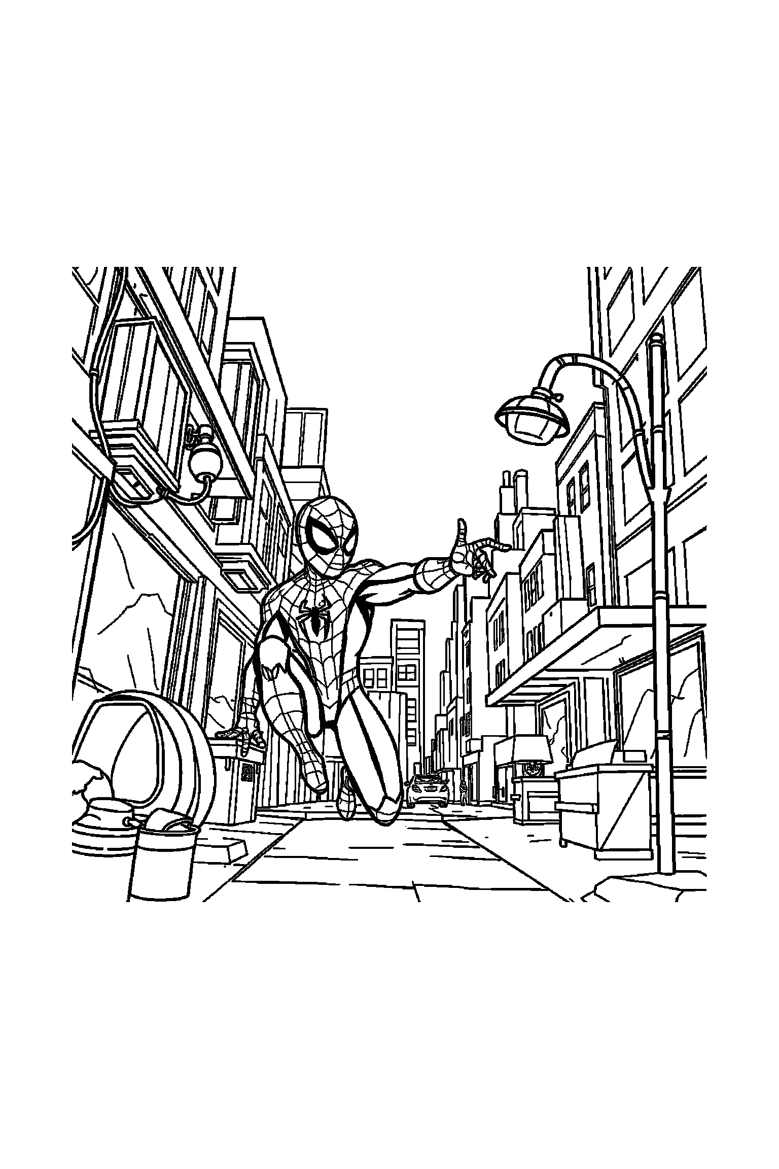 Coloriage Spider-Man gratuit à imprimer : Spider-Man au milieu de grands éléments faciles