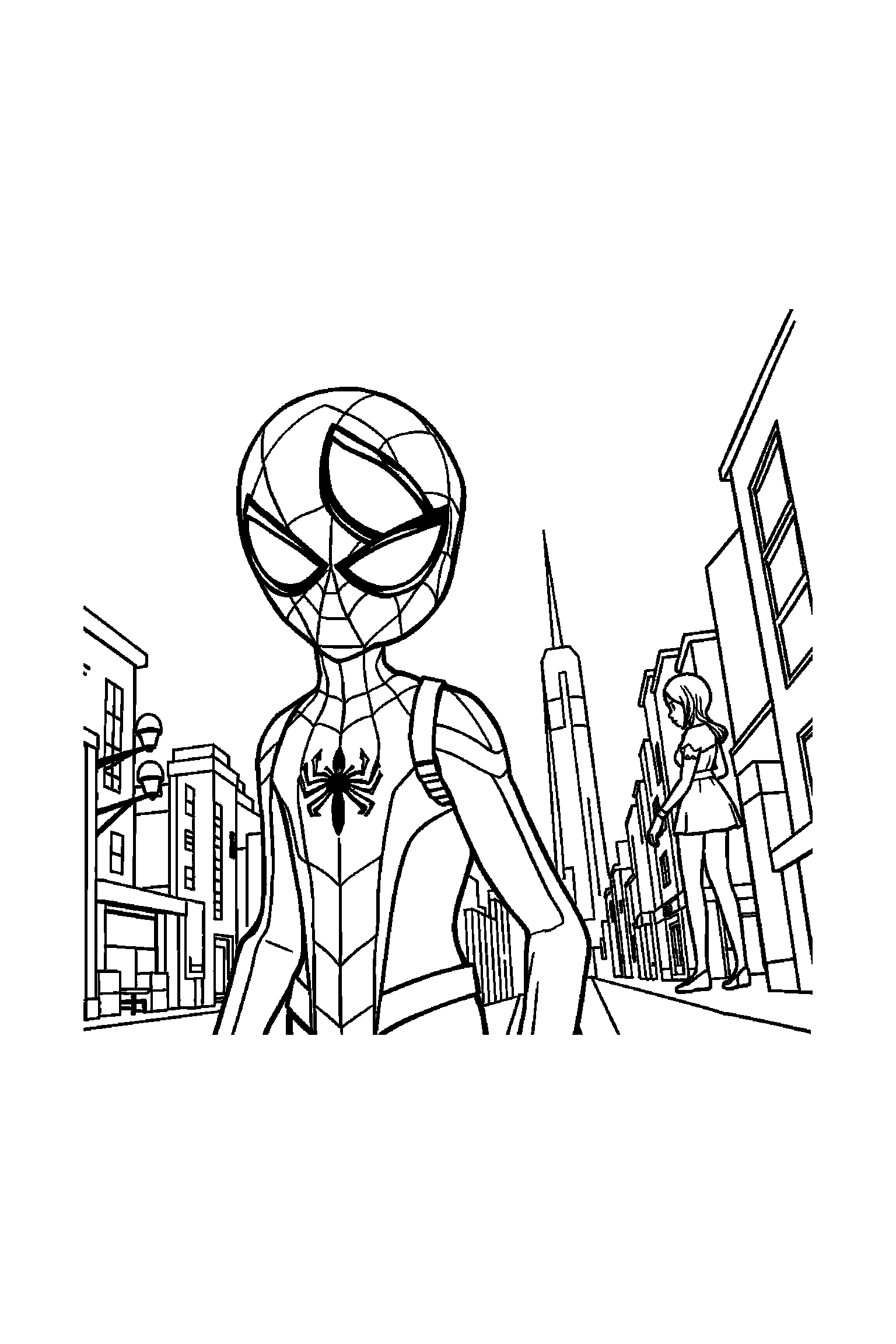 Coloriage Spider-Man gratuit à imprimer : Miles Morales avec un masque sur un fond clair