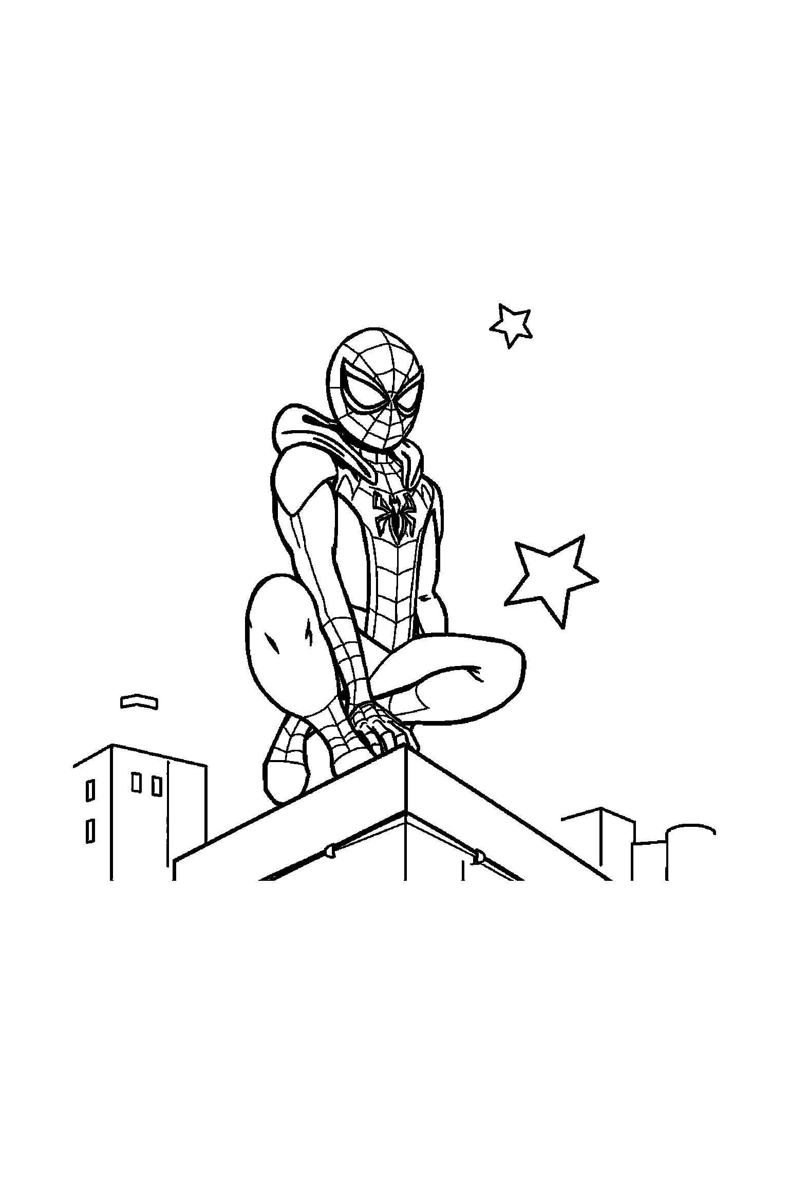 Coloriage Spider-Man gratuit à imprimer : Spider-Man masqué sur un toit avec deux étoiles