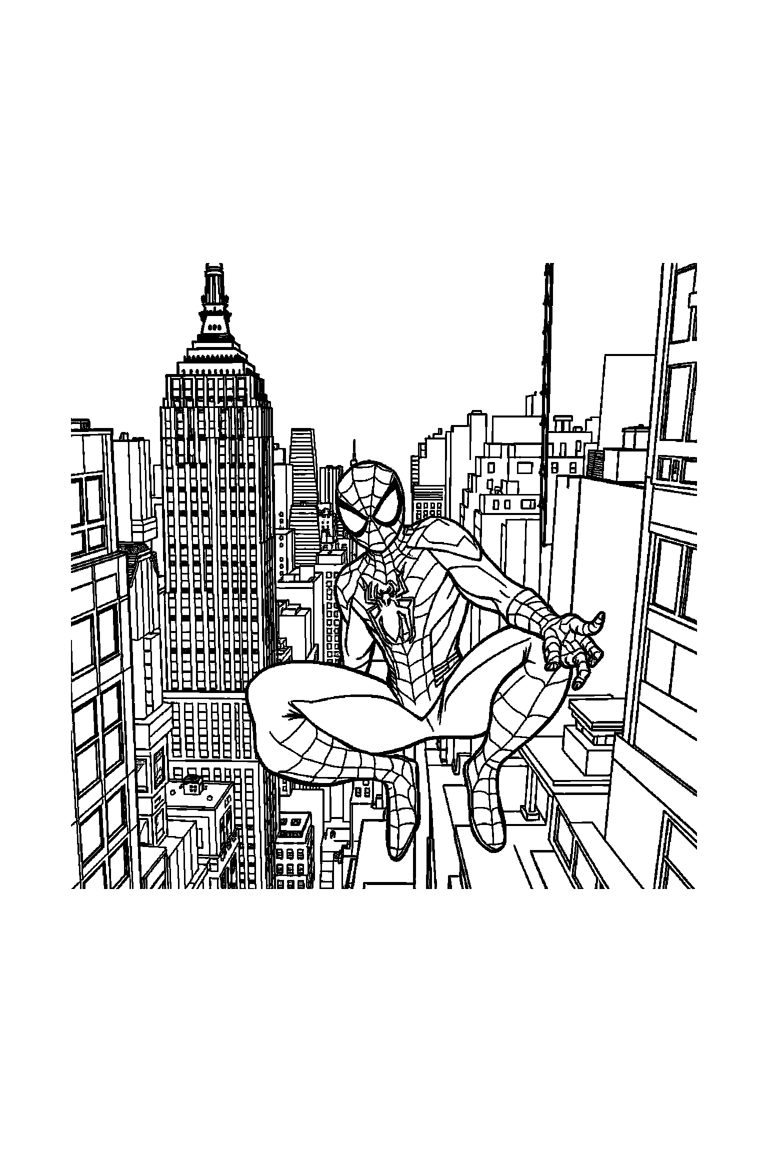 Coloriage Spider-Man gratuit à imprimer : Spider-Man dans les toits de New York avec plusieurs détails