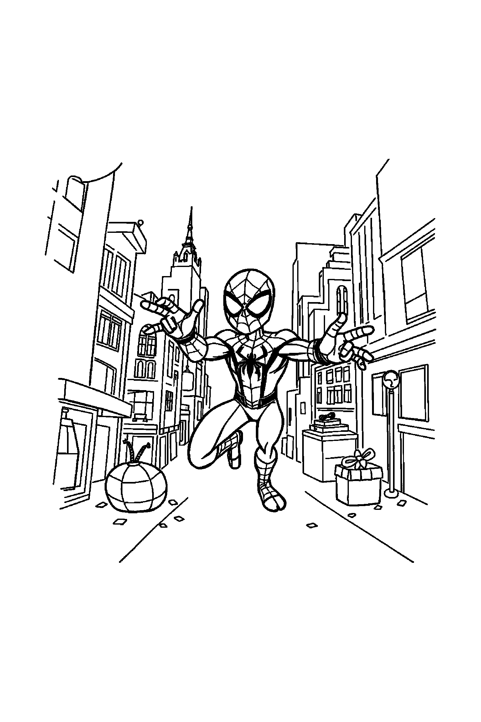 Coloriage Spider-Man gratuit à imprimer : Miles Morales entouré par des motifs lignes de ville et de petits objets