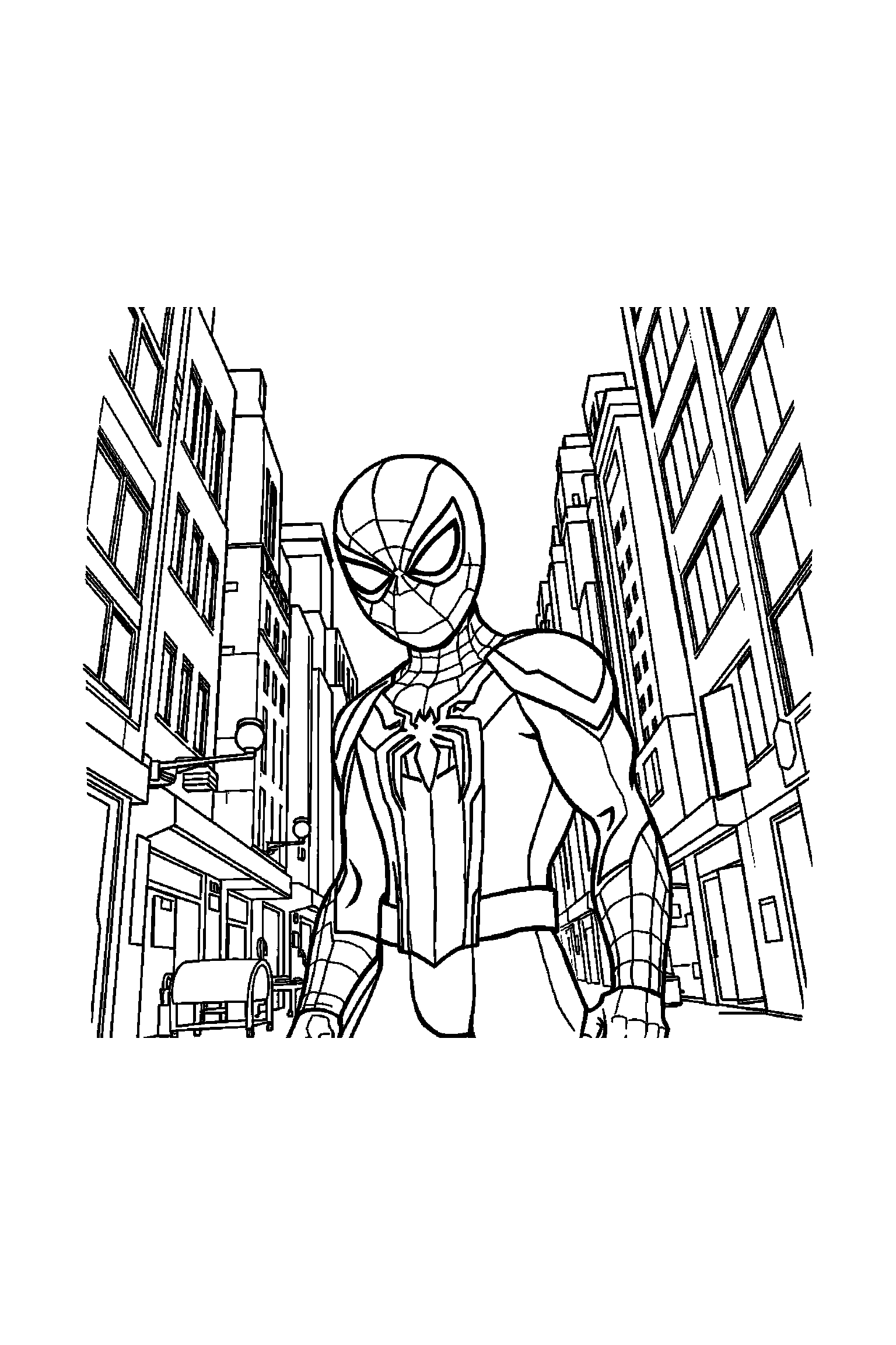 Coloriage Spider-Man gratuit à imprimer : Miles Morales masqué dans une scène de ville lisible