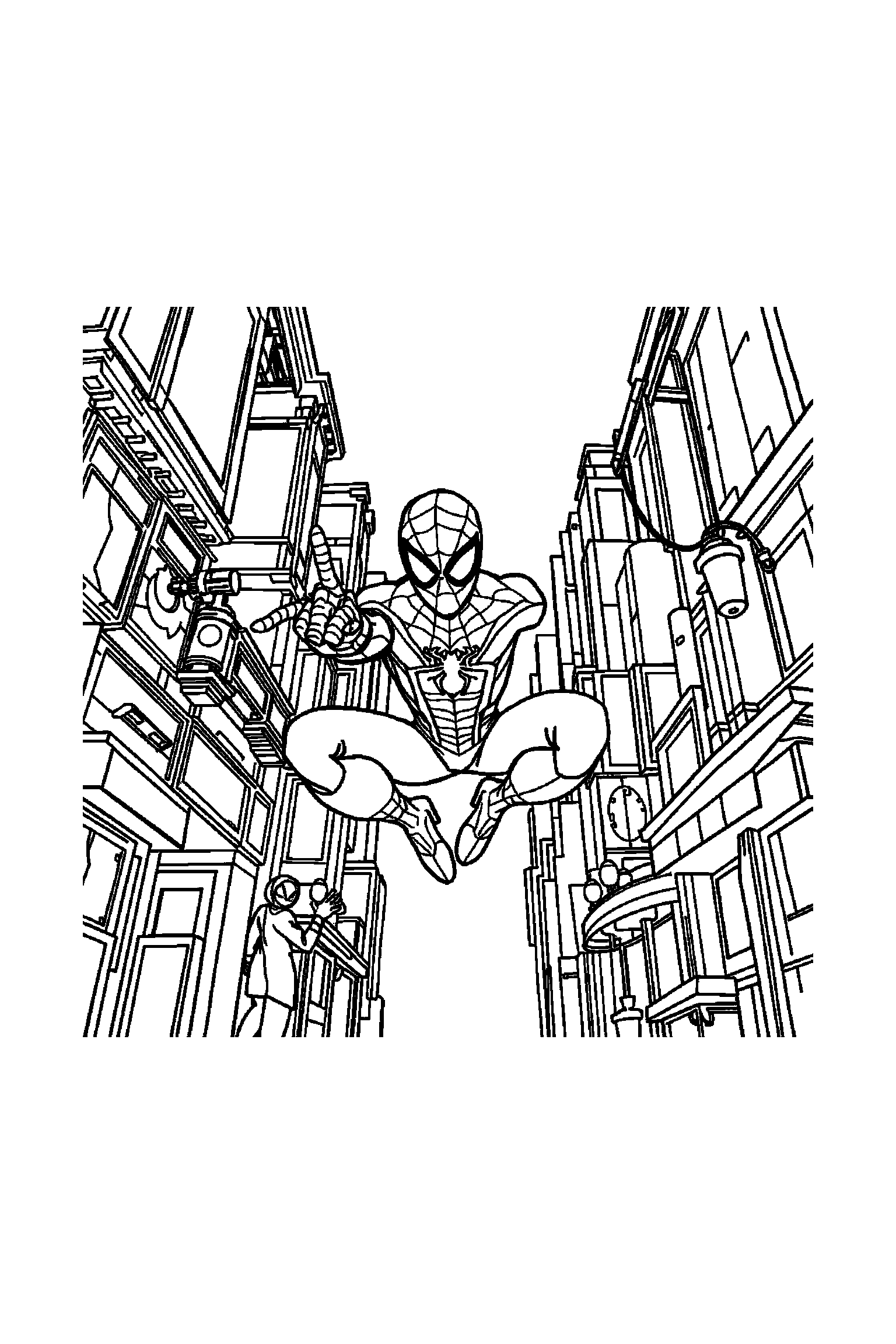 Coloriage Spider-Man gratuit à imprimer : un héros masqué au centre d'un décor riche mais lisible