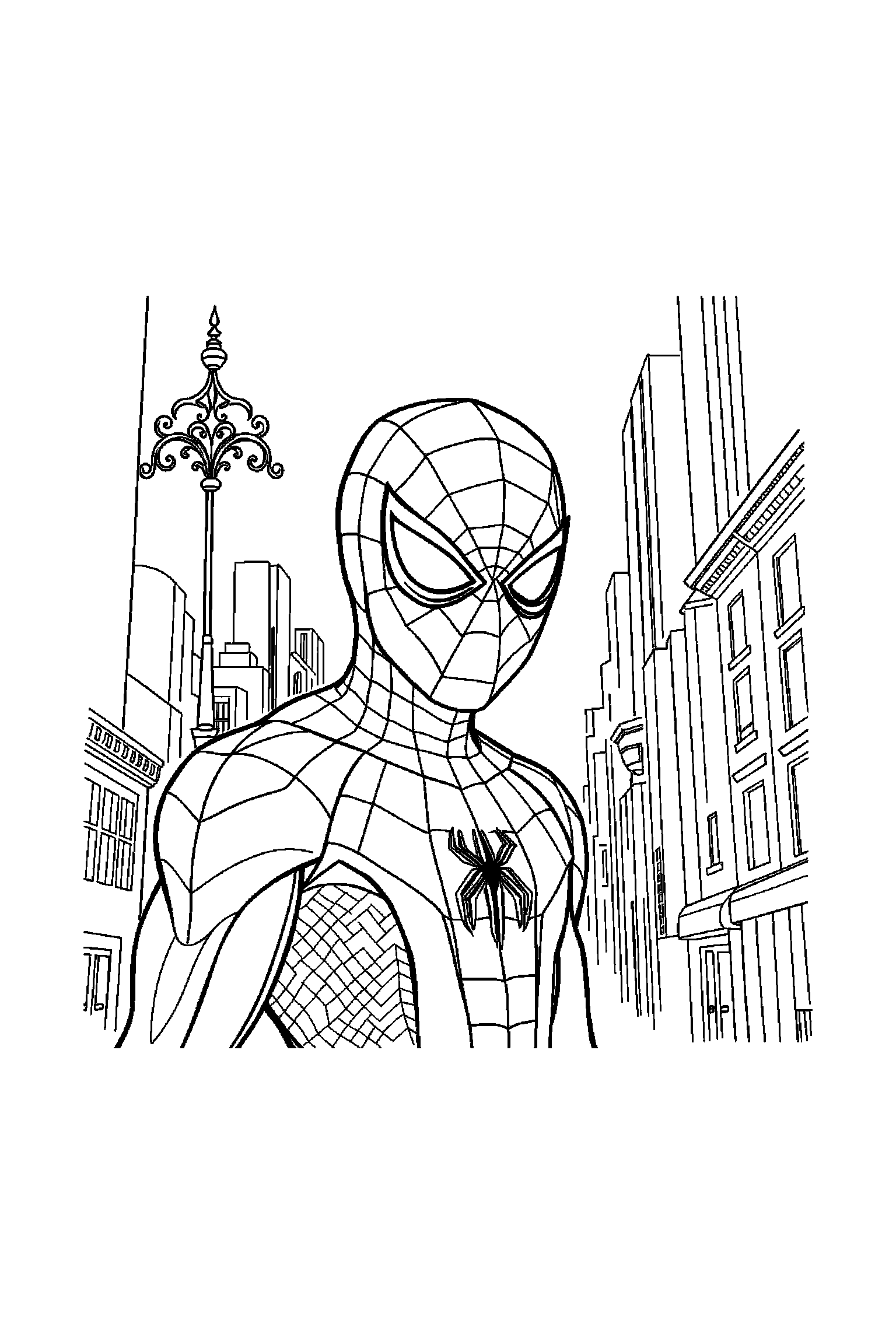 Coloriage Spider-Man gratuit à imprimer : héros araignée masqué avec décor vertical de gratte-ciel