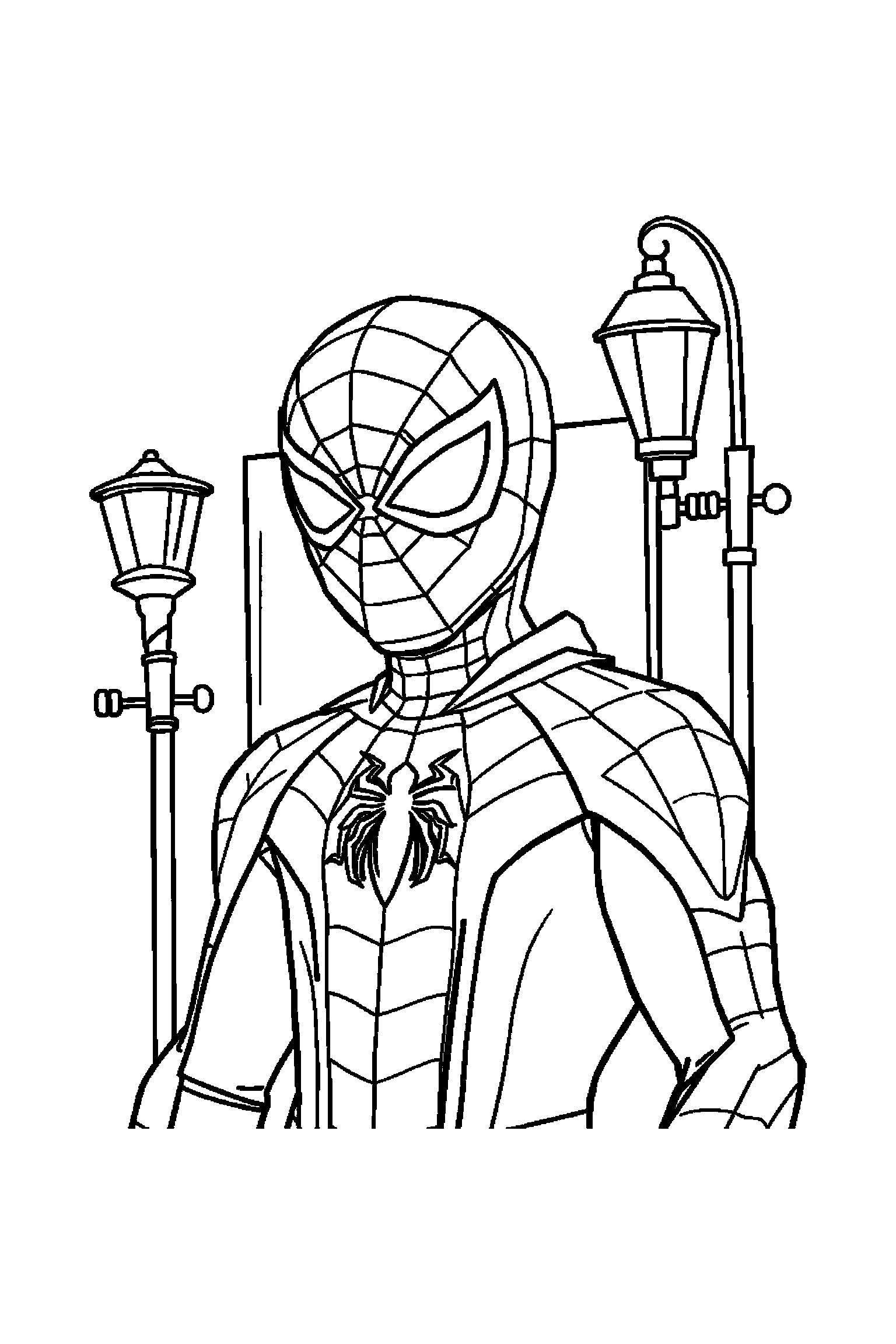 Coloriage Spider-Man gratuit à imprimer : Spider-Man masqué devant un lampadaire et une toile simple