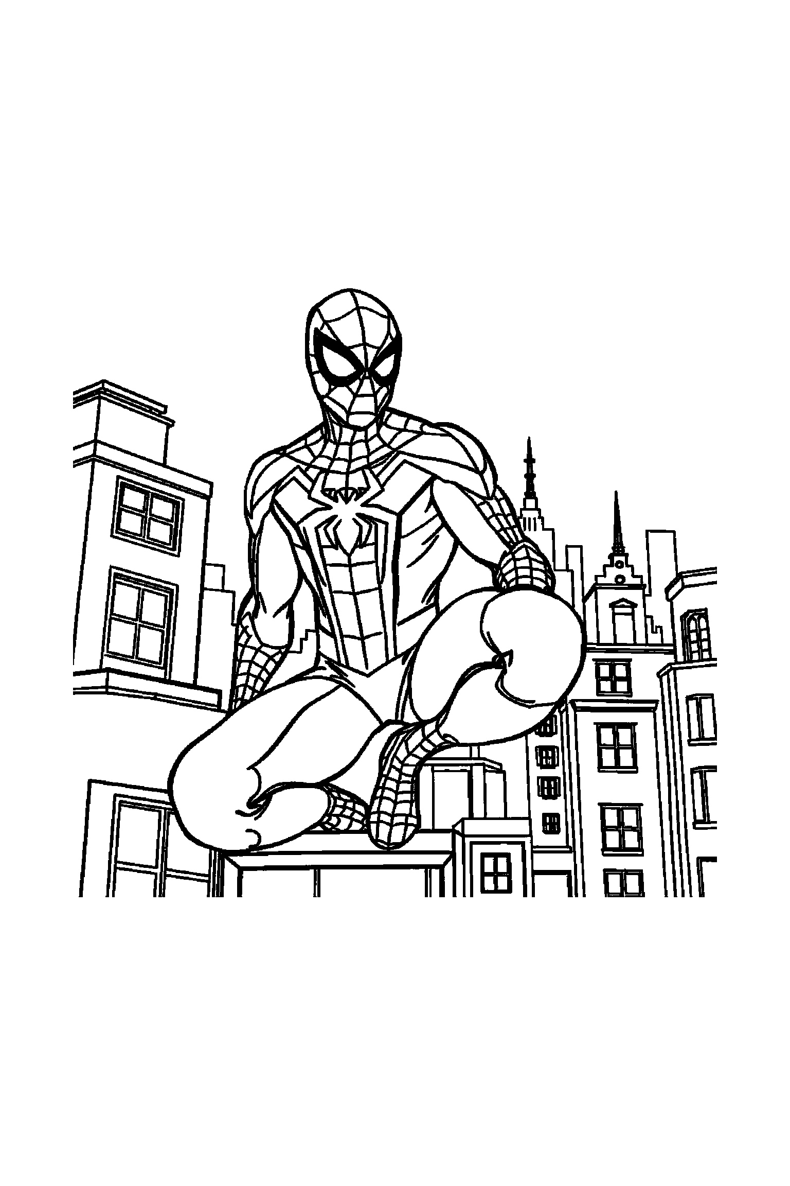 Coloriage Spider-Man gratuit à imprimer : Spider-Man masqué sur les toits avec fenêtres et toiles propres