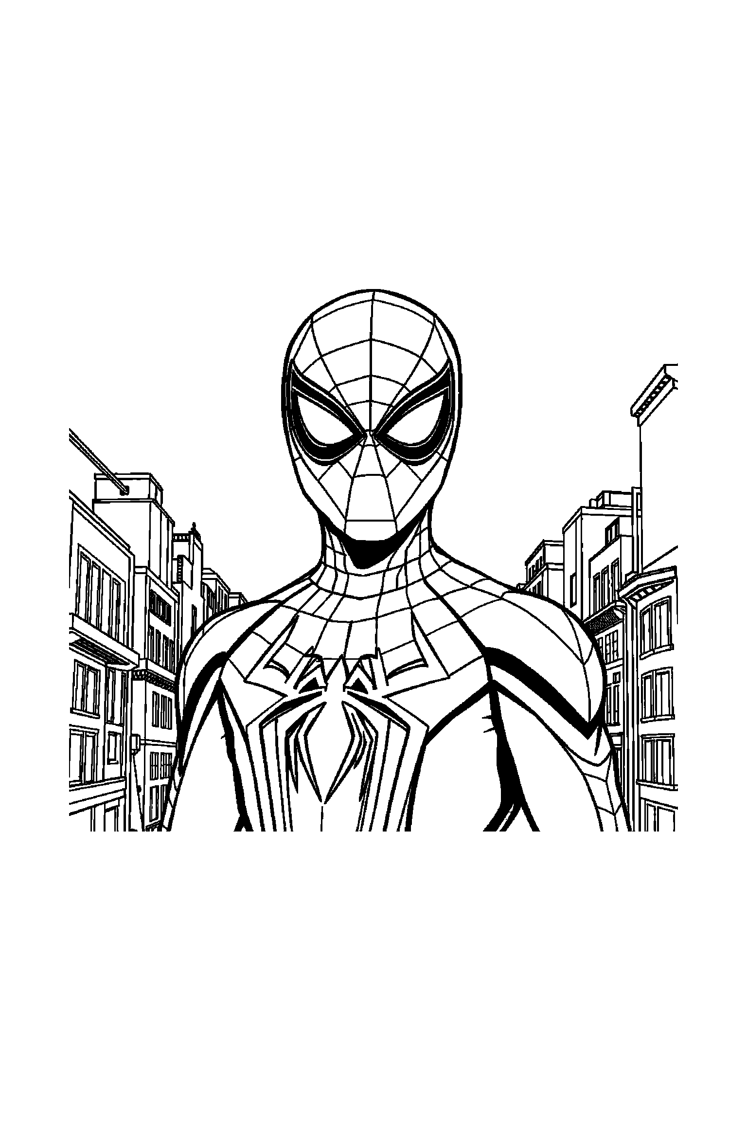 Coloriage Spider-Man gratuit à imprimer : portrait Spider-Man masque avec costume blanc sans ombre et ville en contours