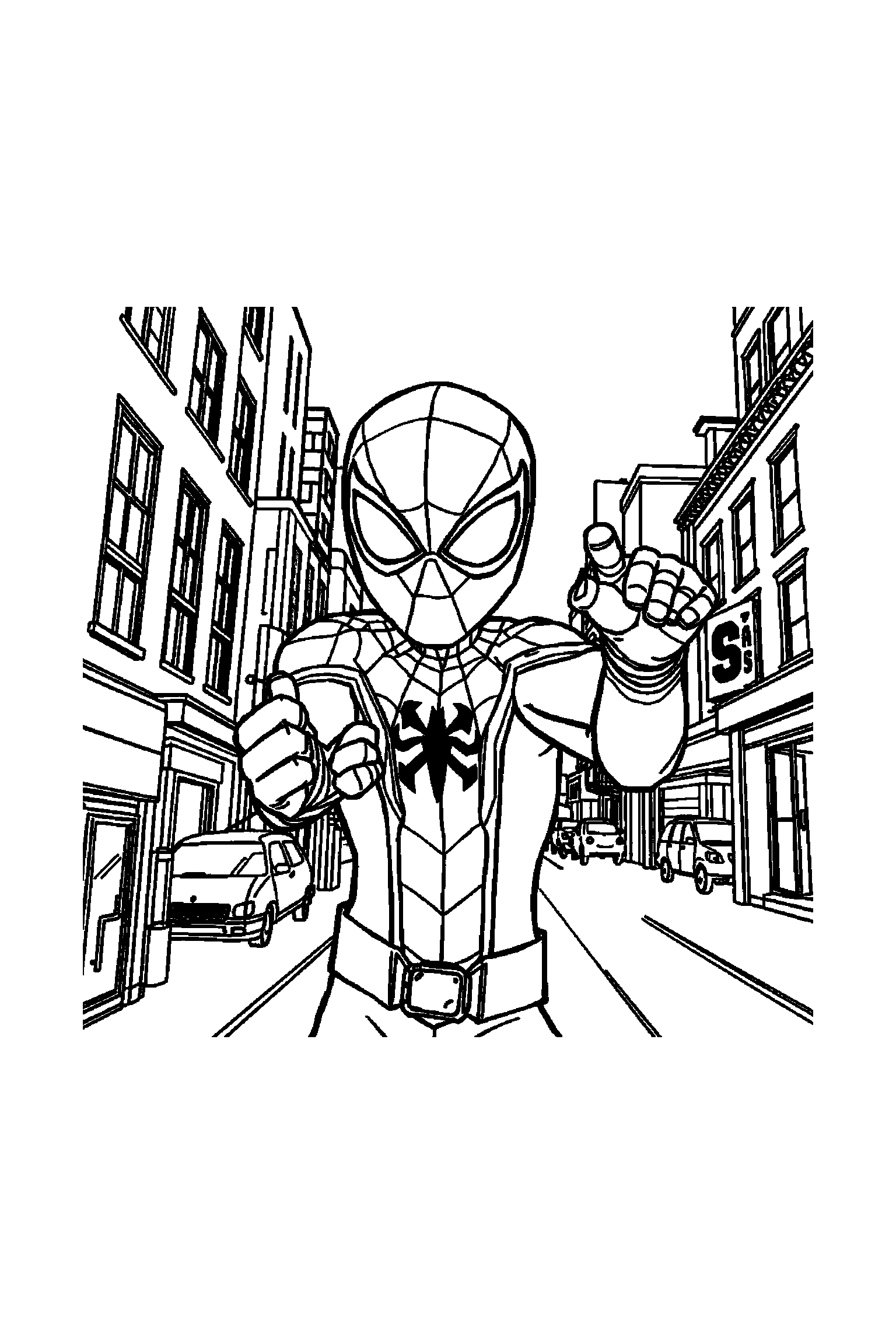 Coloriage Spider-Man gratuit à imprimer : Miles Morales masqué dans une scène de ville lisible