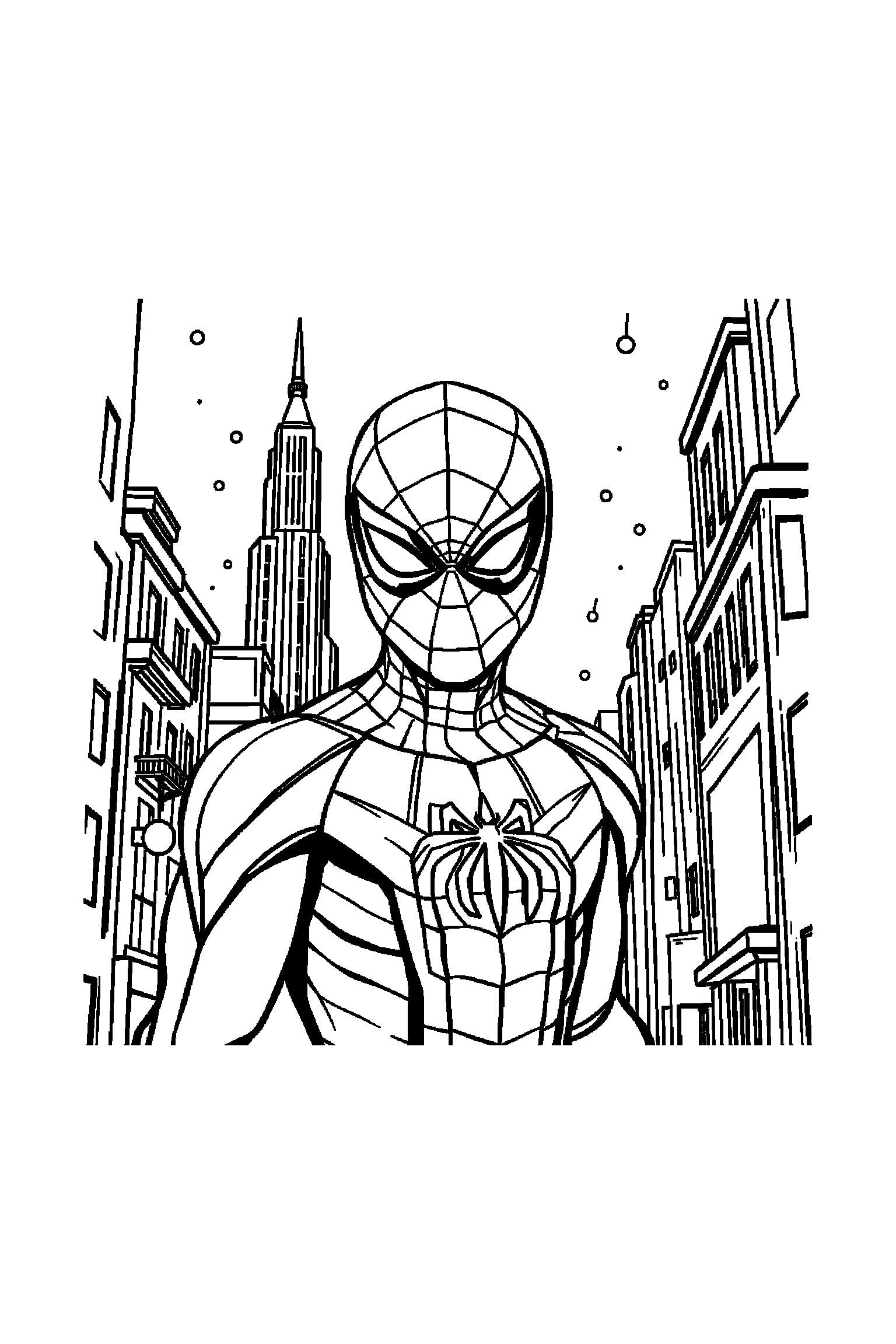 Coloriage Spider-Man gratuit à imprimer : héros araignée masqué avec décor vertical de gratte-ciel