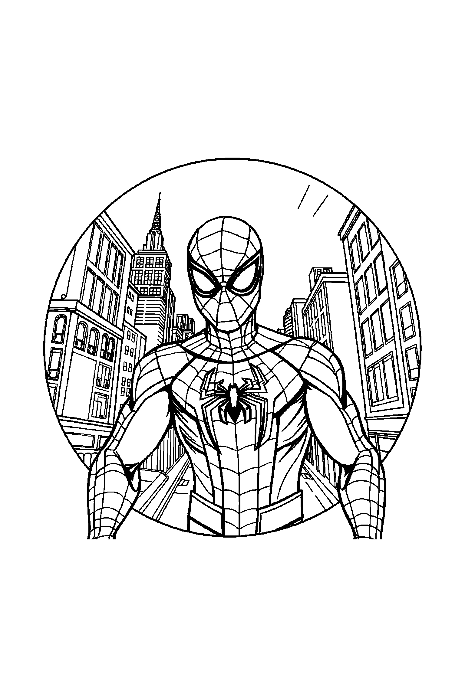 Coloriage Spider-Man gratuit à imprimer : Spider-Man masqué avec toile ronde et arrière-plan de ville