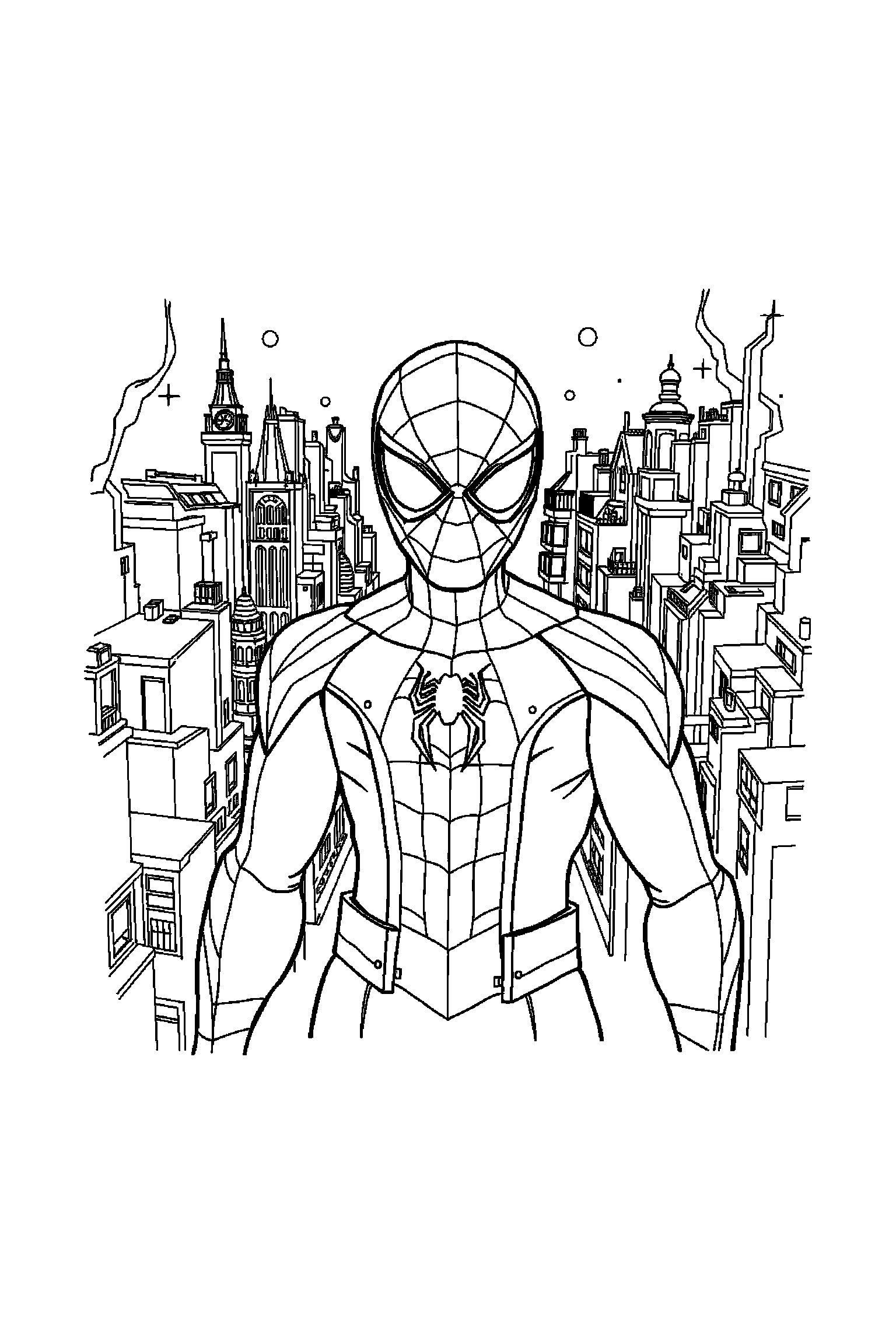 Coloriage Spider-Man gratuit à imprimer : Spider-Man masqué au centre avec ville détaillée à colorier