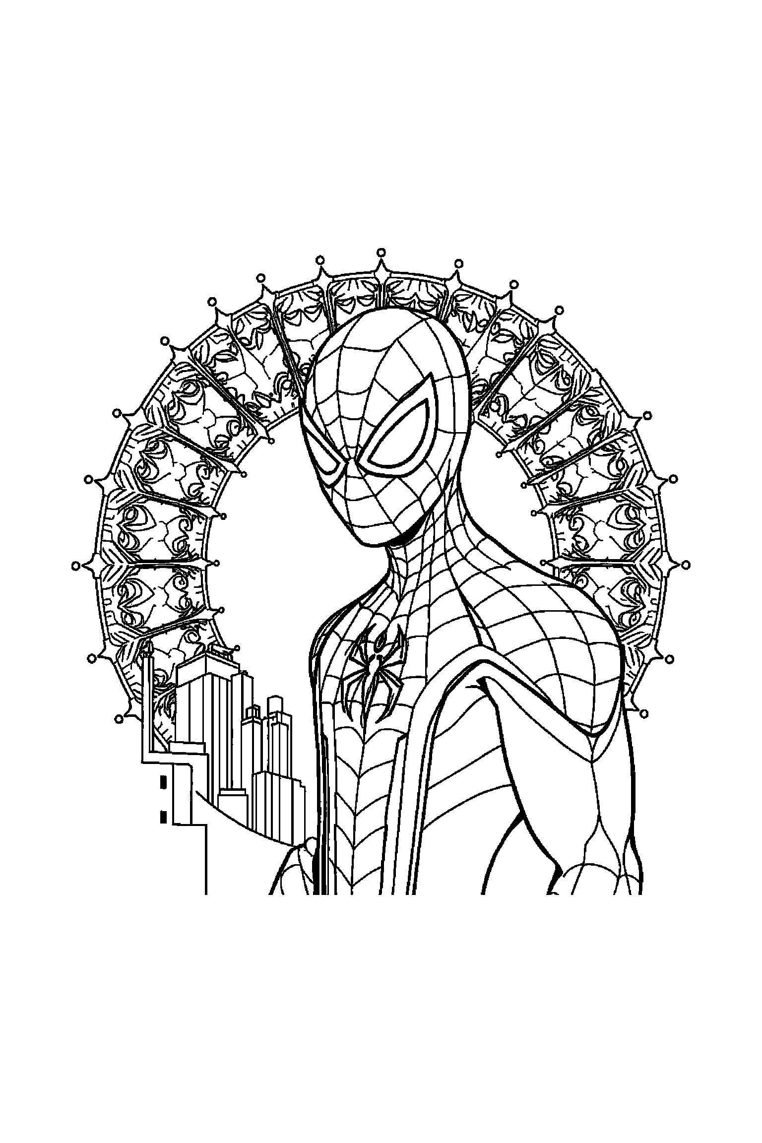 Coloriage Spider-Man gratuit à imprimer : motif difficile de toiles et gratte-ciel autour de Spider-Man
