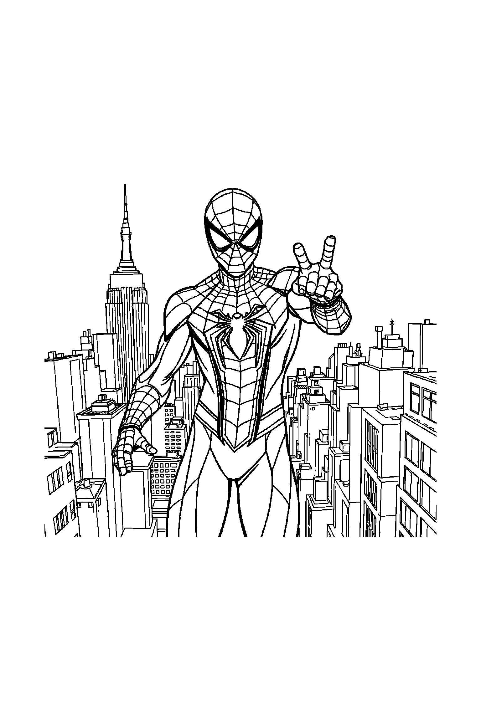 Coloriage Spider-Man gratuit à imprimer : scène verticale de Spider-Man masqué sur les toits de New York