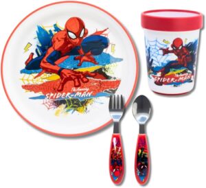Set repas enfant Spiderman avec assiette, gobelet 260 ml et couverts en acier inoxydable