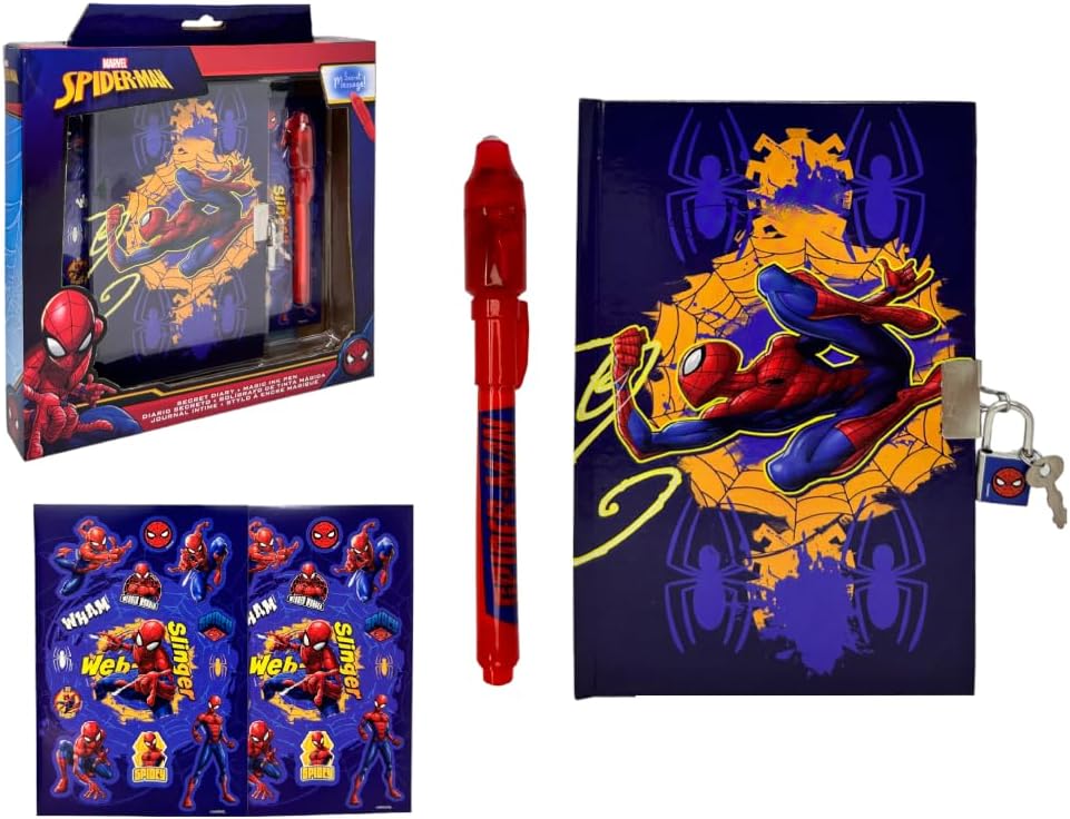 Journal secret Spider-Man Marvel avec stylo magique, autocollants et cadenas à 2 clés
