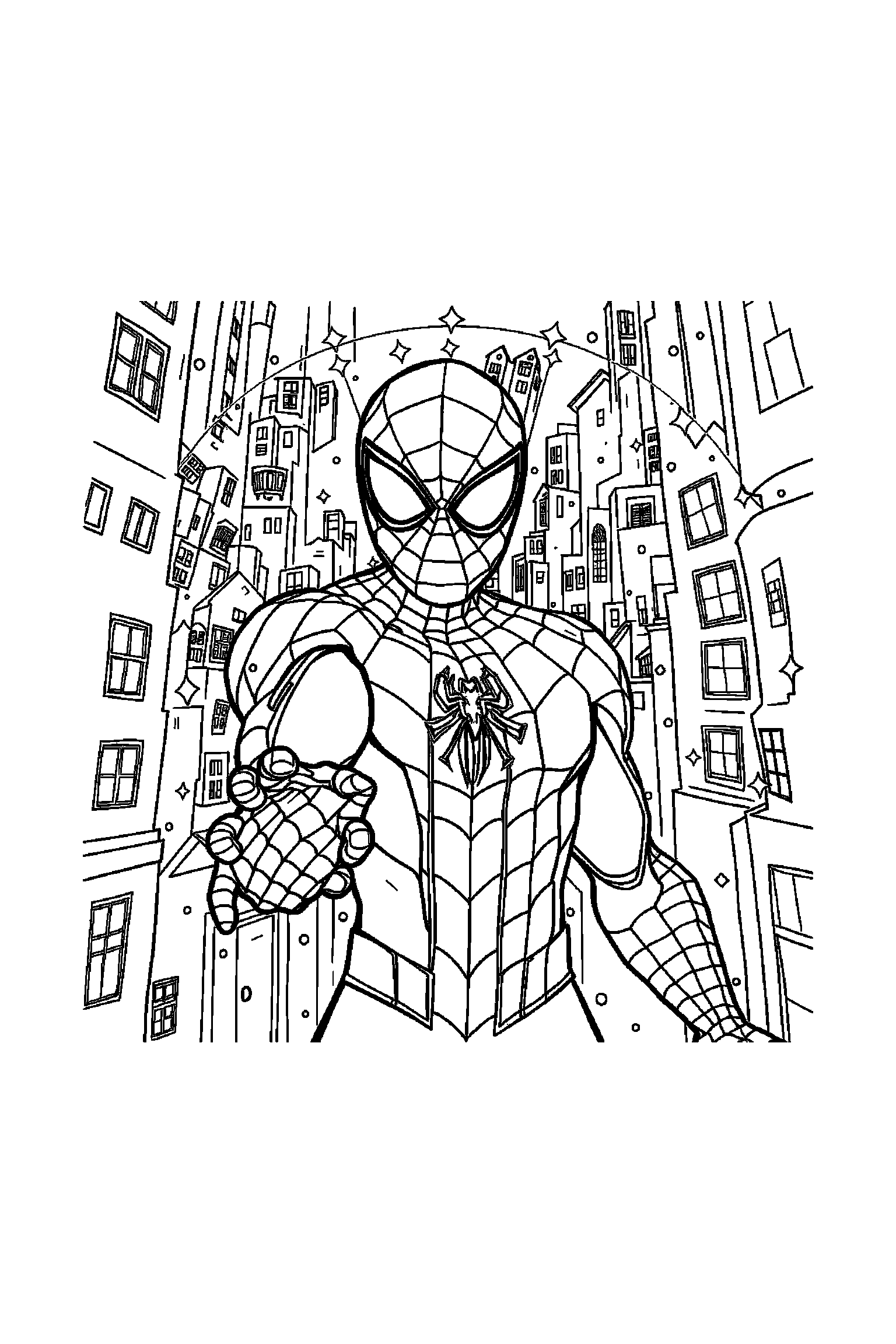 Coloriage Spider-Man gratuit à imprimer : grand coloriage détaillé Spider-Man avec fenêtres et étoiles