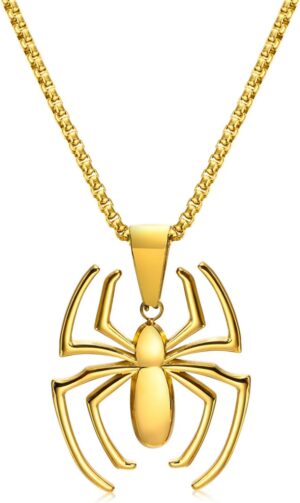Collier Spider-Man style dorée avec pendentif araignée en acier inoxydable