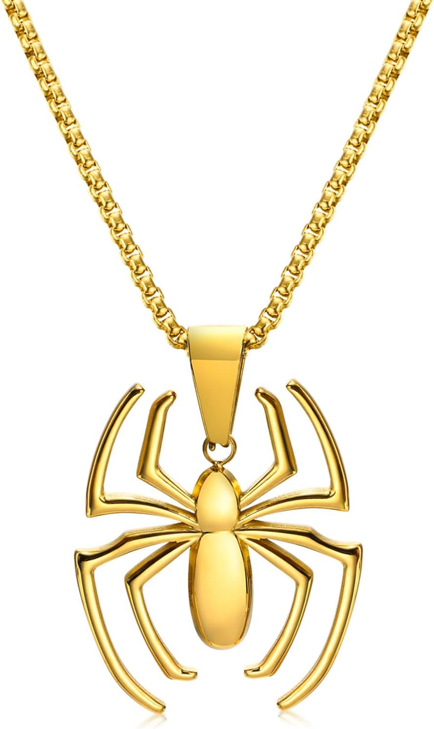 Collier Spider-Man style dorée avec pendentif araignée en acier inoxydable