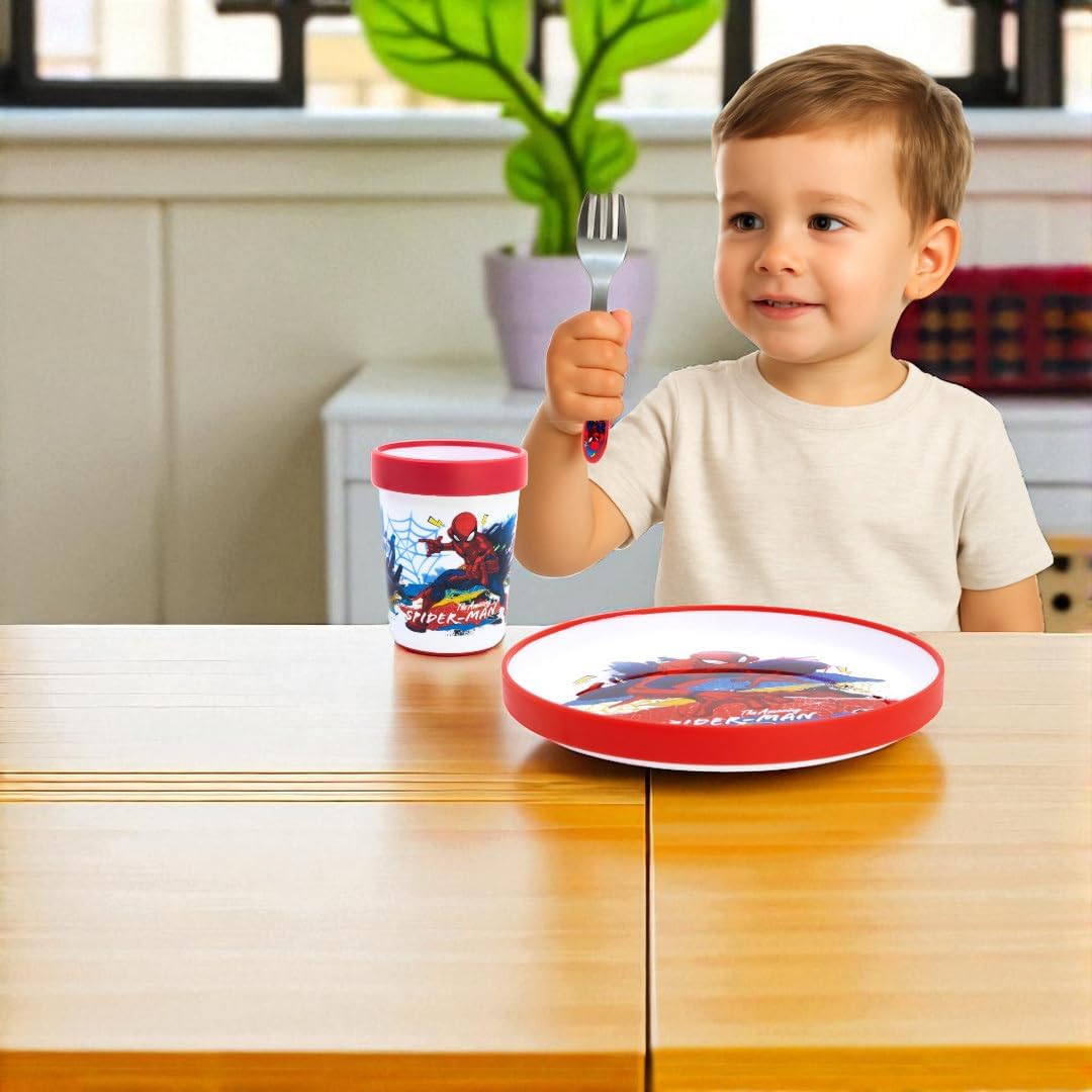 Set repas enfant Spiderman avec assiette, gobelet 260 ml et couverts en acier inoxydable – Image 7