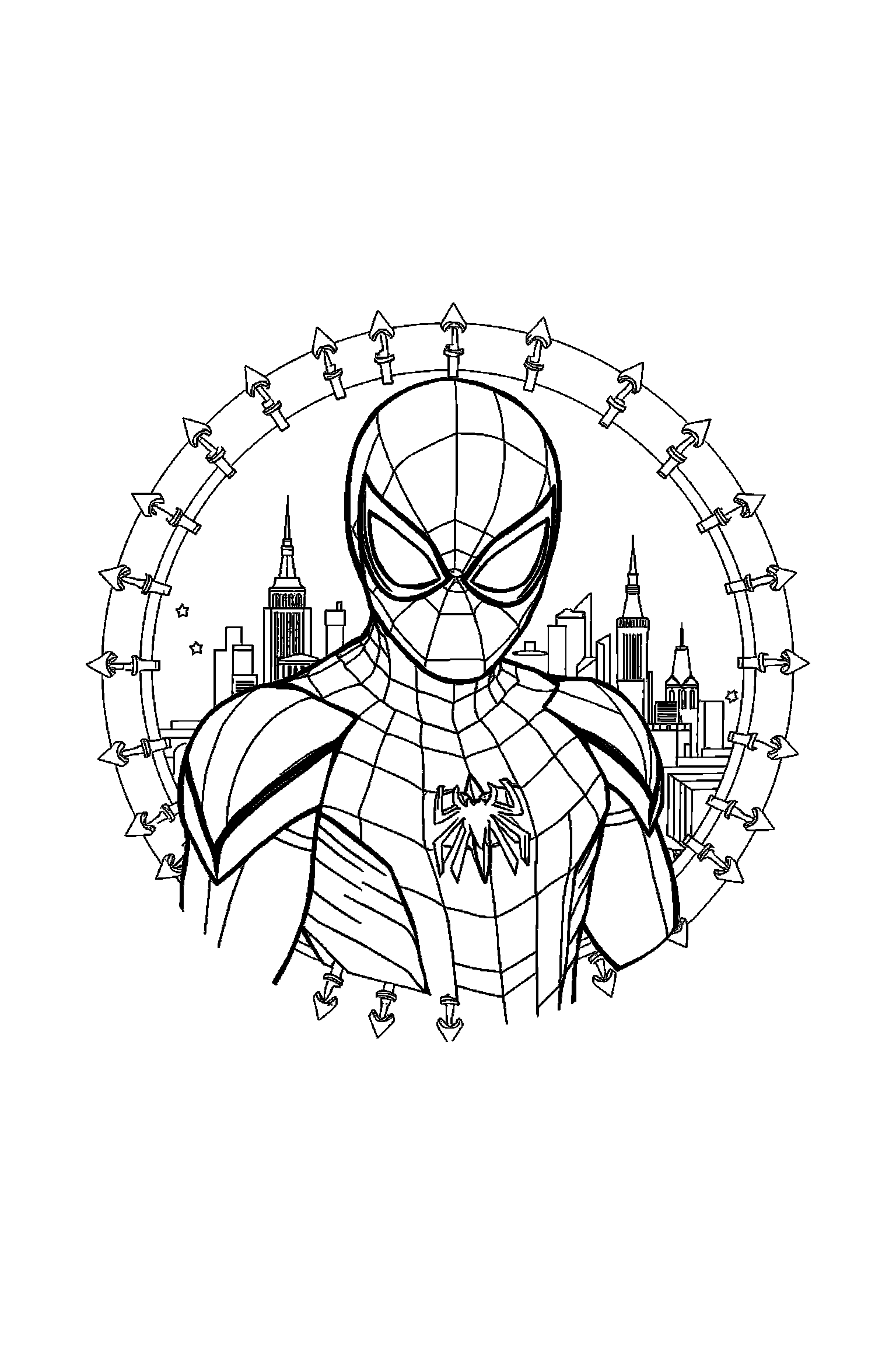 Coloriage Spider-Man gratuit à imprimer : Spider-Man masqué au centre avec ville détaillée à colorier