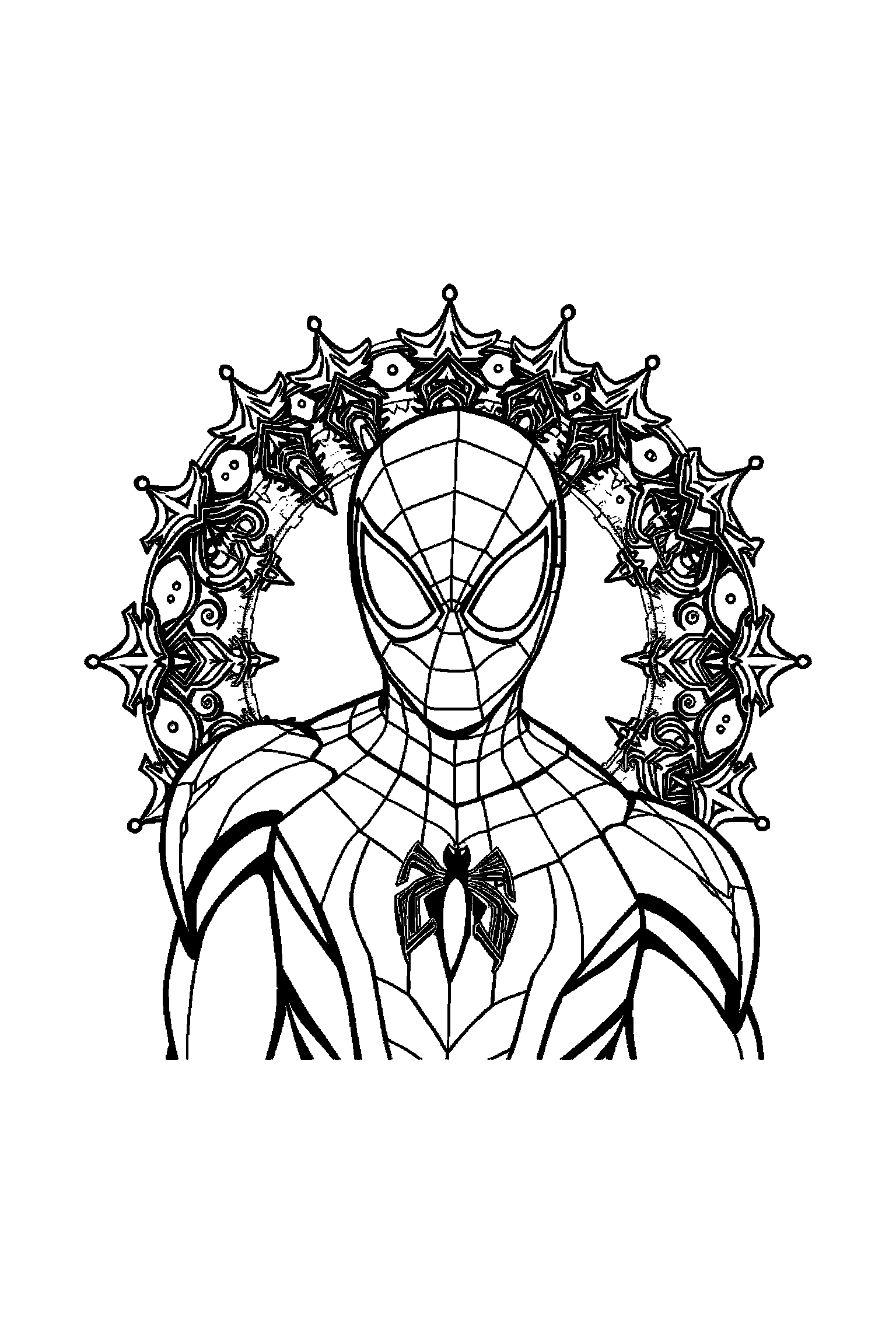 Coloriage Spider-Man gratuit à imprimer : motif difficile de toiles et gratte-ciel autour de Spider-Man