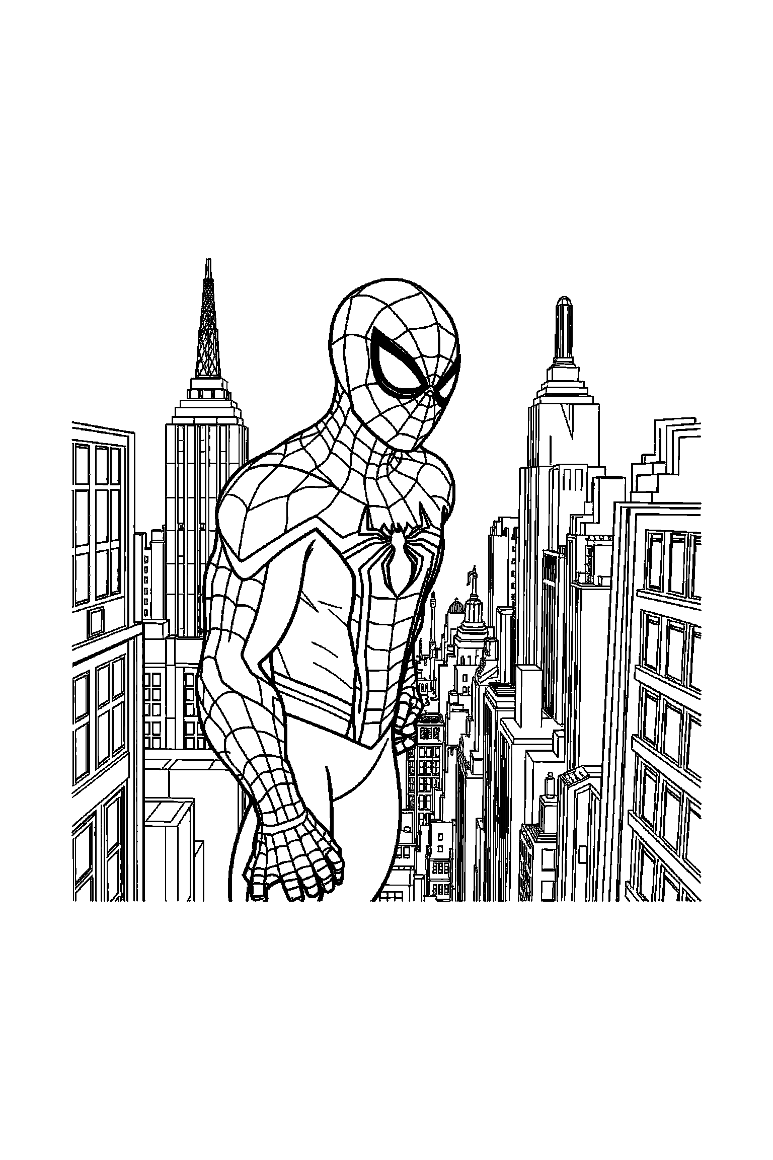 Coloriage Spider-Man gratuit à imprimer : scène verticale de Spider-Man masqué sur les toits de New York