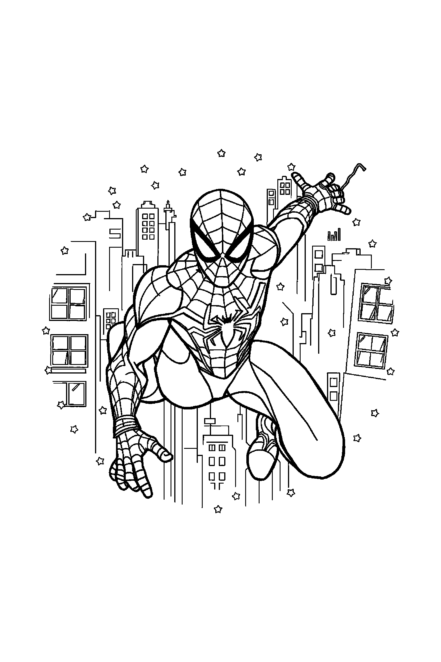 Coloriage Spider-Man gratuit à imprimer : grand coloriage détaillé Spider-Man avec fenêtres et étoiles