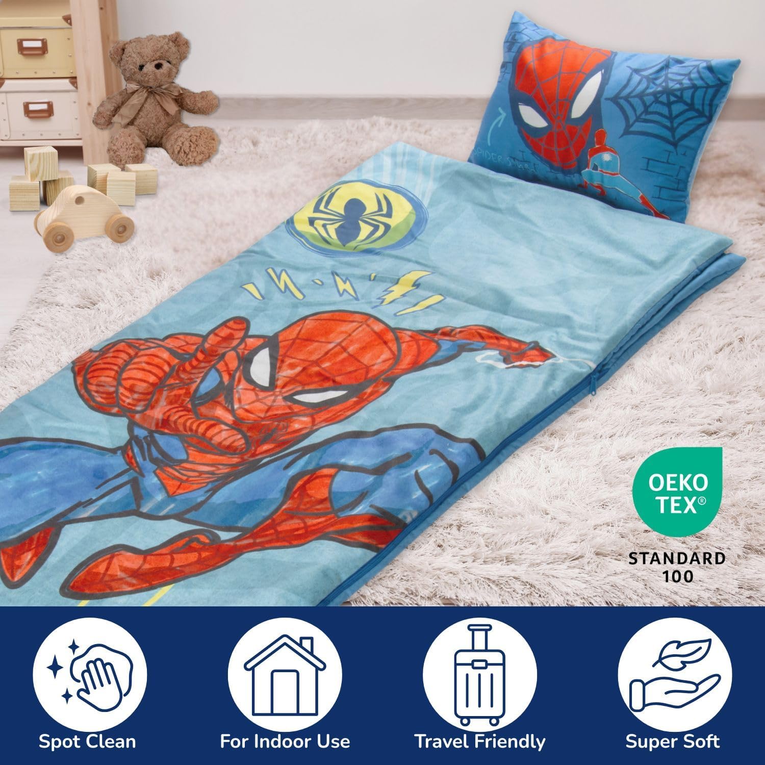 Sac de couchage Spider-Man bleu avec oreiller intégré et poignée de transport – Image 3