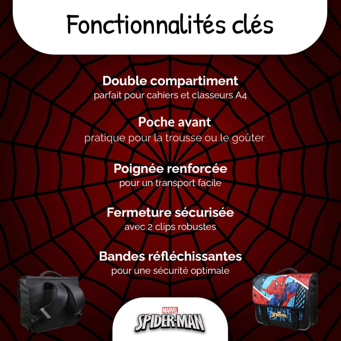 Cartable primaire Spider-Man 38 grand rangement bleu ciel et rouge – Image 2