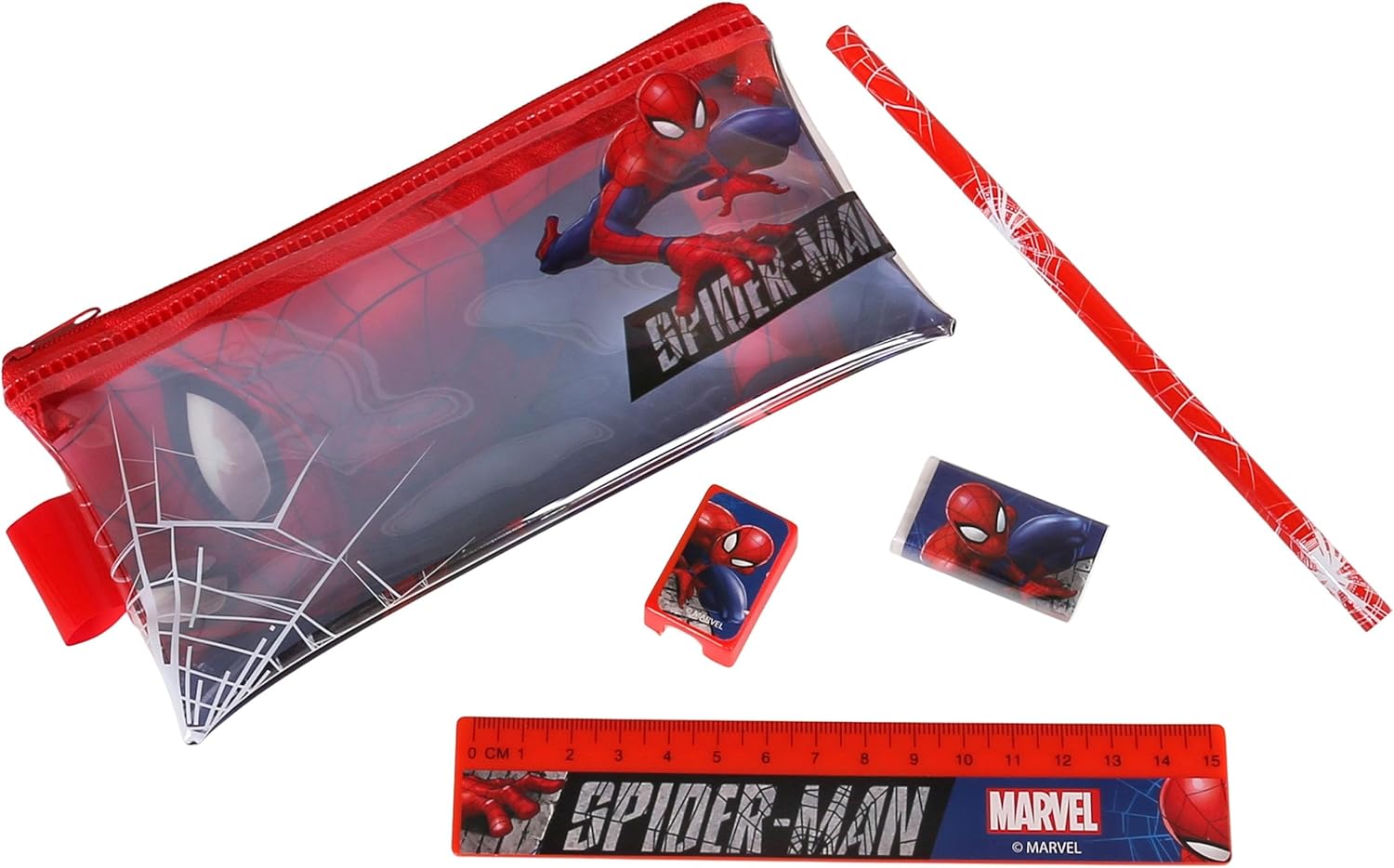 Trousse à crayons Marvel Spider-Man transparente rouge zippée avec équipement scolaire