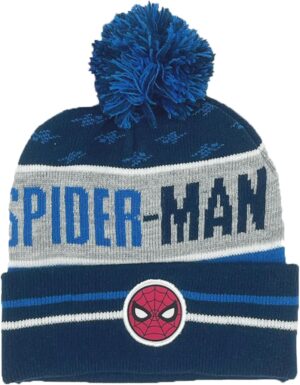 Bonnet Marvel Spider-Man bleu marine et blanc avec pompon bleu