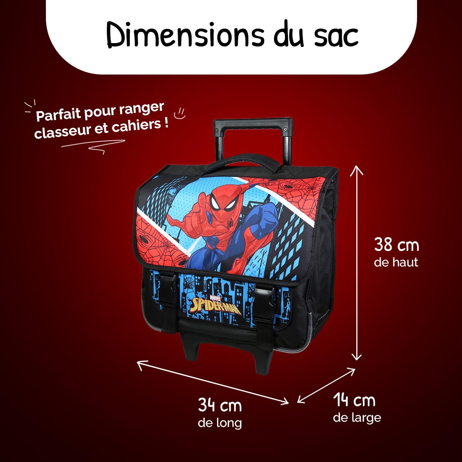 Cartable primaire Spider-Man 38 cm grand rangement bleu ciel et rouge – Image 3