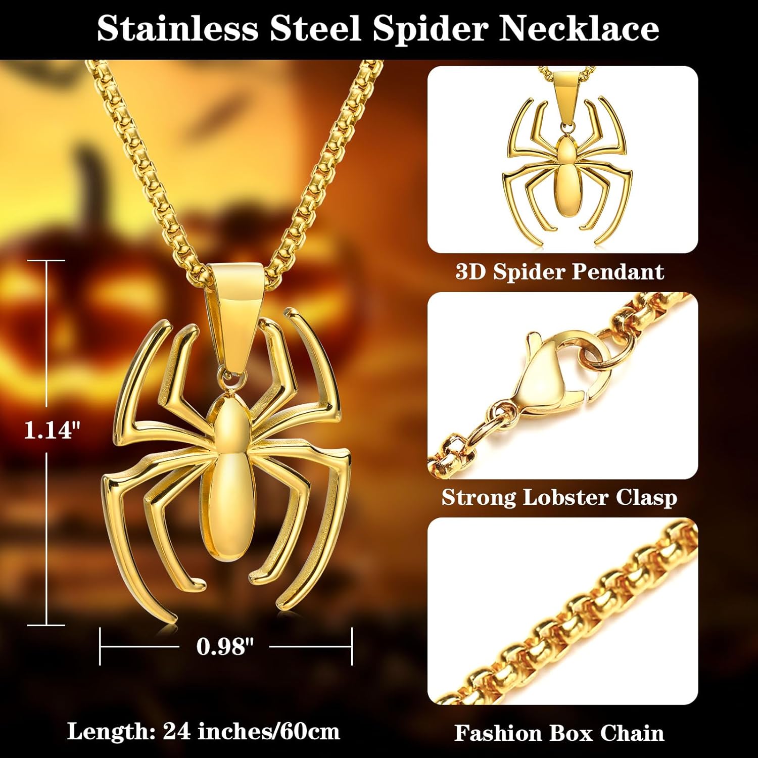 Collier Spider-Man style dorée avec pendentif araignée en acier inoxydable – Image 3