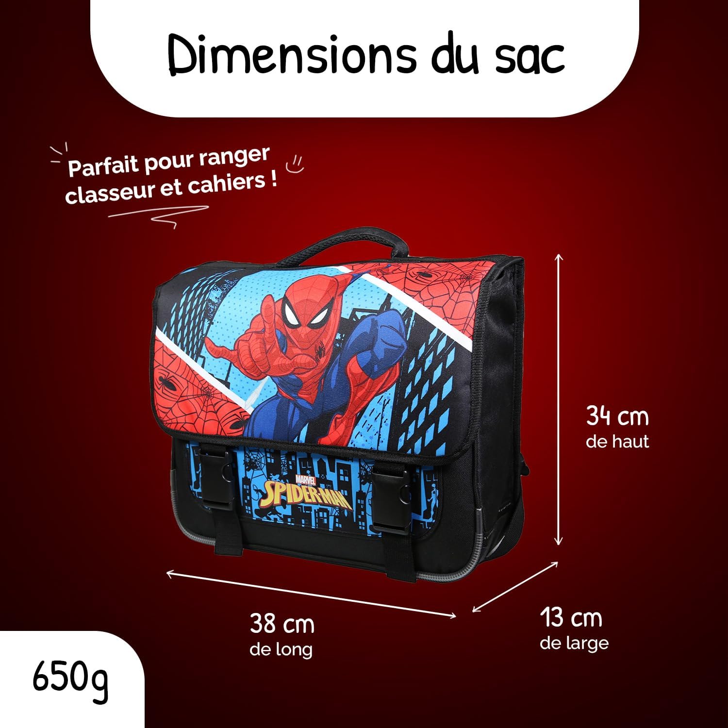 Cartable primaire Spider-Man 38 grand rangement bleu ciel et rouge – Image 3