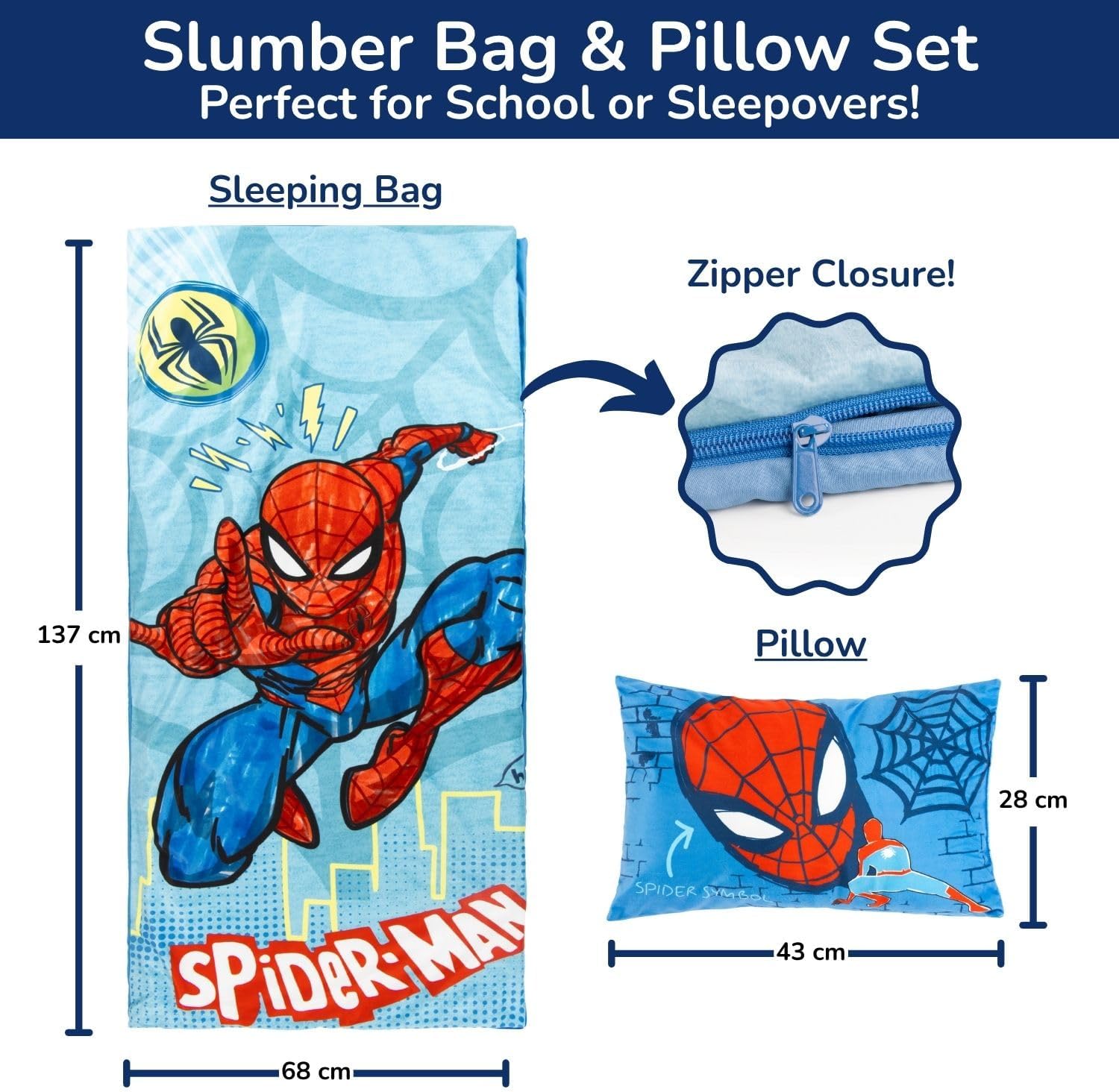 Sac de couchage Spider-Man bleu avec oreiller intégré et poignée de transport – Image 2