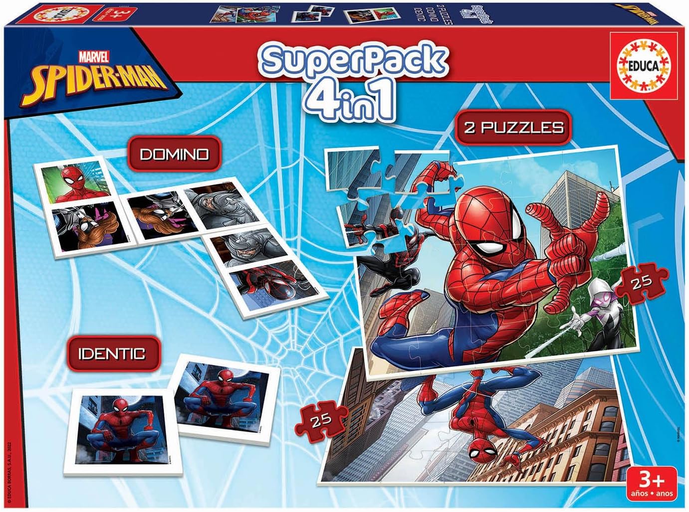 Superpack de jeux de société Spiderman Educa avec domino, jeu de mémoire et 2 puzzles